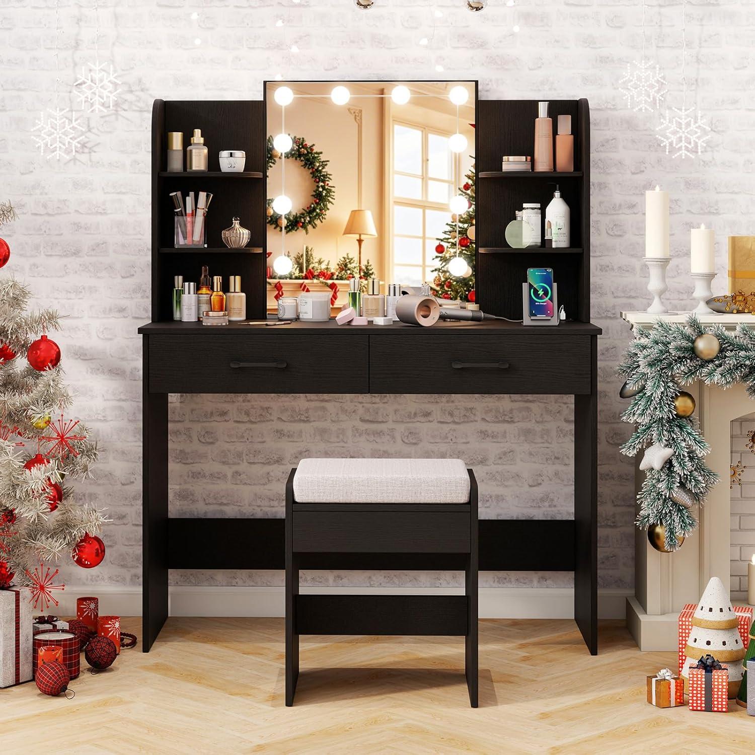 image:imageCHARMAID Vanity Table Set with Lighted Mirror 8 Bulbs Large Drawer Tabletop Storage Shelf Modern Bedroom Vanity Desk Makeup Dressing Table with Cushioned Stool for Girls Women BlackBlack