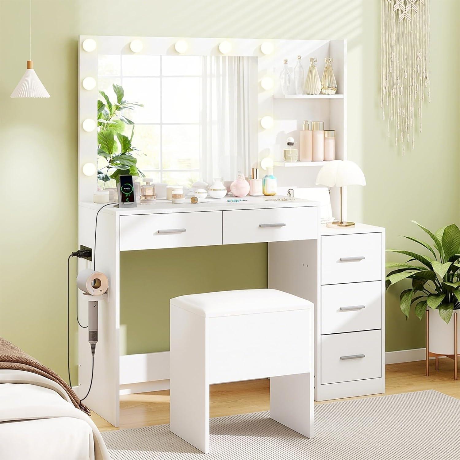 image:imageCHARMAID Vanity Table Set with Lighted Mirror 8 Bulbs Large Drawer Tabletop Storage Shelf Modern Bedroom Vanity Desk Makeup Dressing Table with Cushioned Stool for Girls Women BlackWhite