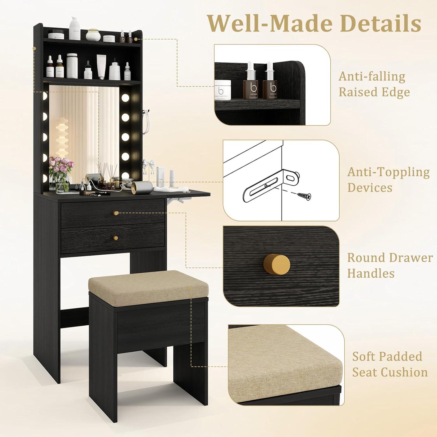 image:imageCHARMAID Vanity Table Set with Lighted Mirror 8 Bulbs Large Drawer Tabletop Storage Shelf Modern Bedroom Vanity Desk Makeup Dressing Table with Cushioned Stool for Girls Women BlackBlack