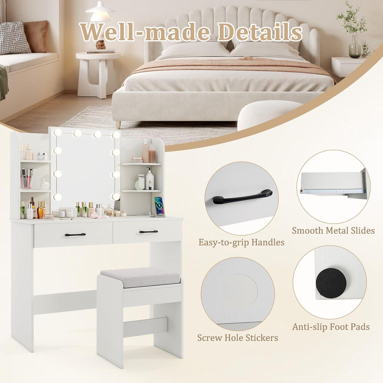 image:imageCHARMAID Vanity Table Set with Lighted Mirror 8 Bulbs Large Drawer Tabletop Storage Shelf Modern Bedroom Vanity Desk Makeup Dressing Table with Cushioned Stool for Girls Women BlackWhite
