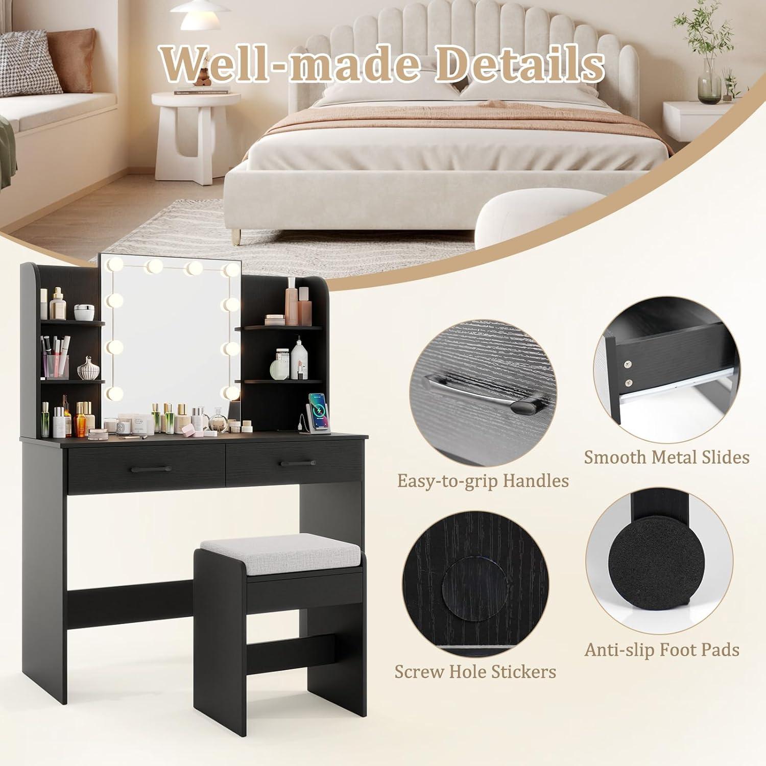 image:imageCHARMAID Vanity Table Set with Lighted Mirror 8 Bulbs Large Drawer Tabletop Storage Shelf Modern Bedroom Vanity Desk Makeup Dressing Table with Cushioned Stool for Girls Women BlackBlack
