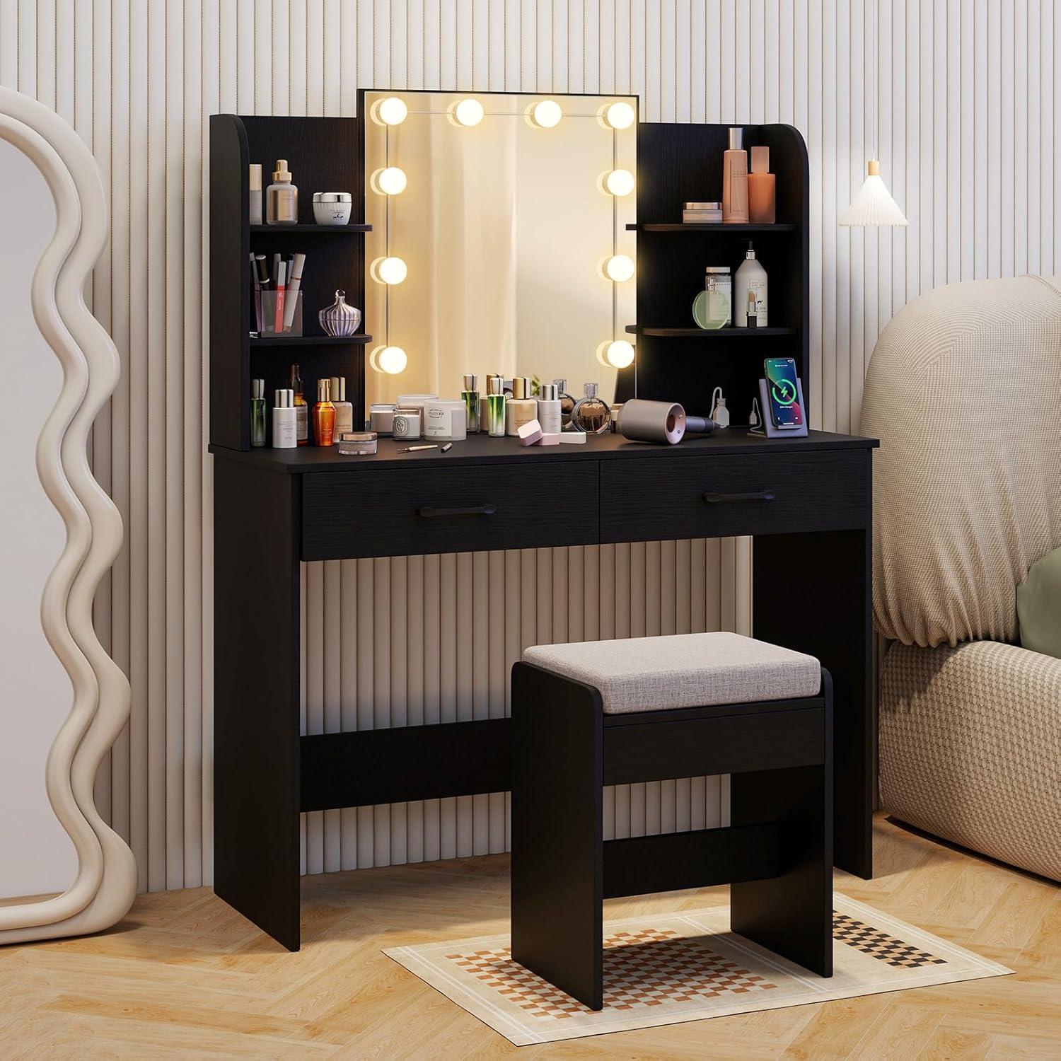 image:imageCHARMAID Vanity Table Set with Lighted Mirror 8 Bulbs Large Drawer Tabletop Storage Shelf Modern Bedroom Vanity Desk Makeup Dressing Table with Cushioned Stool for Girls Women BlackBlack