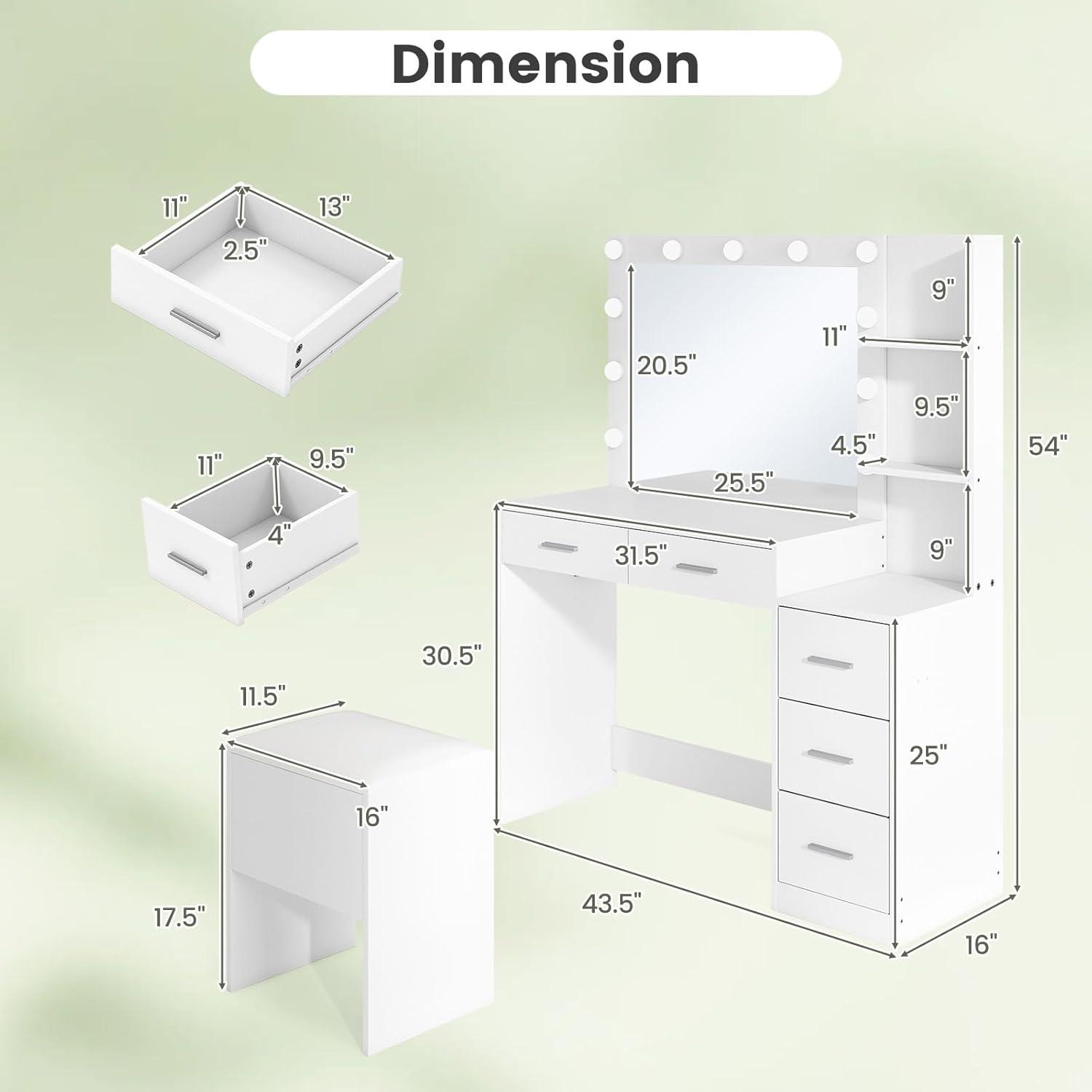 image:imageCHARMAID Vanity Table Set with Lighted Mirror 8 Bulbs Large Drawer Tabletop Storage Shelf Modern Bedroom Vanity Desk Makeup Dressing Table with Cushioned Stool for Girls Women BlackWhite