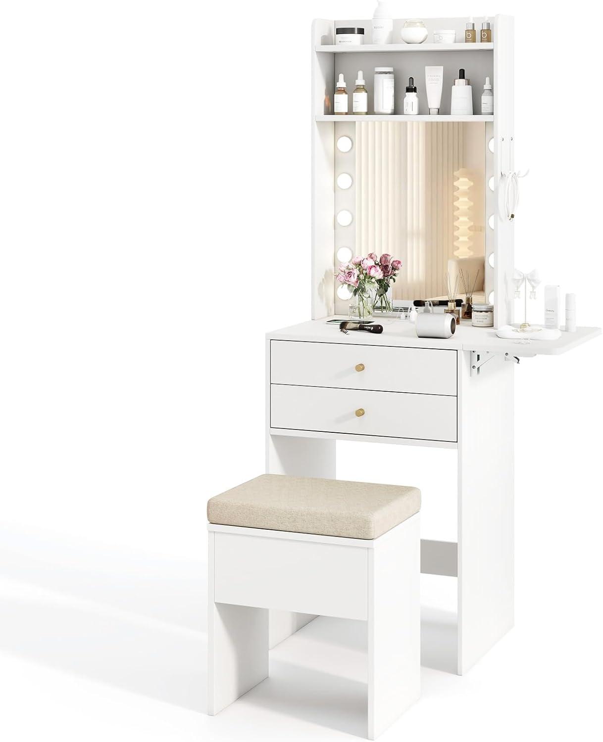 image:imageCHARMAID Vanity Table Set with Lighted Mirror 8 Bulbs Large Drawer Tabletop Storage Shelf Modern Bedroom Vanity Desk Makeup Dressing Table with Cushioned Stool for Girls Women BlackWhite