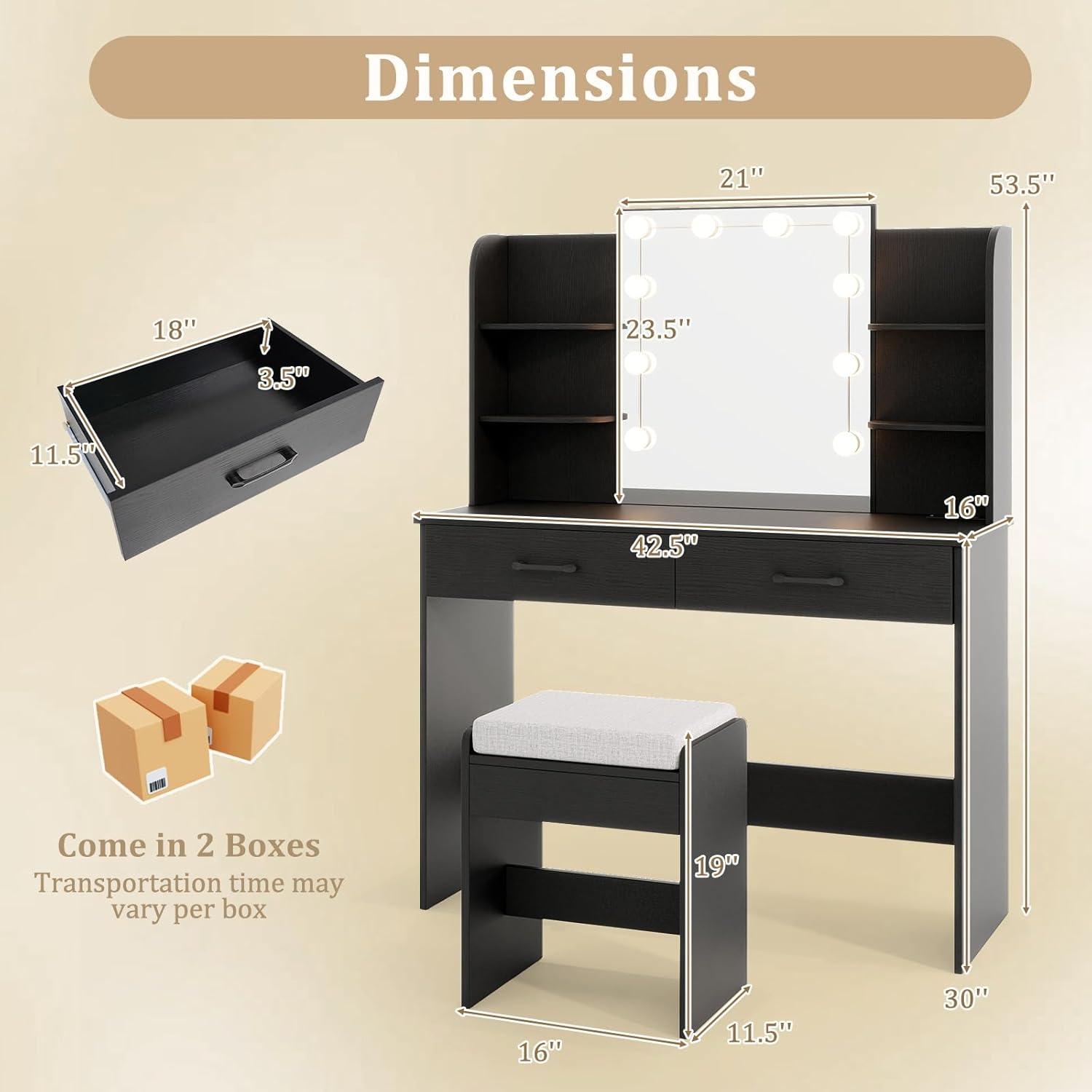 image:imageCHARMAID Vanity Table Set with Lighted Mirror 8 Bulbs Large Drawer Tabletop Storage Shelf Modern Bedroom Vanity Desk Makeup Dressing Table with Cushioned Stool for Girls Women BlackBlack