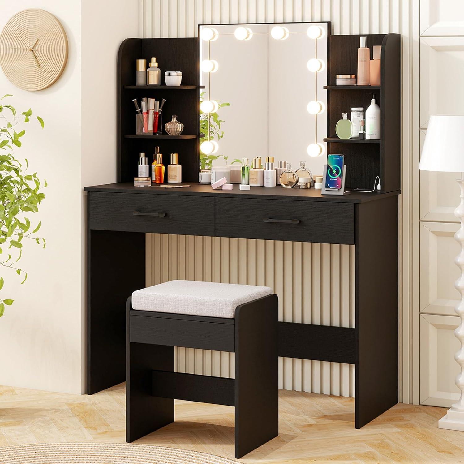 image:imageCHARMAID Vanity Table Set with Lighted Mirror 8 Bulbs Large Drawer Tabletop Storage Shelf Modern Bedroom Vanity Desk Makeup Dressing Table with Cushioned Stool for Girls Women BlackBlack