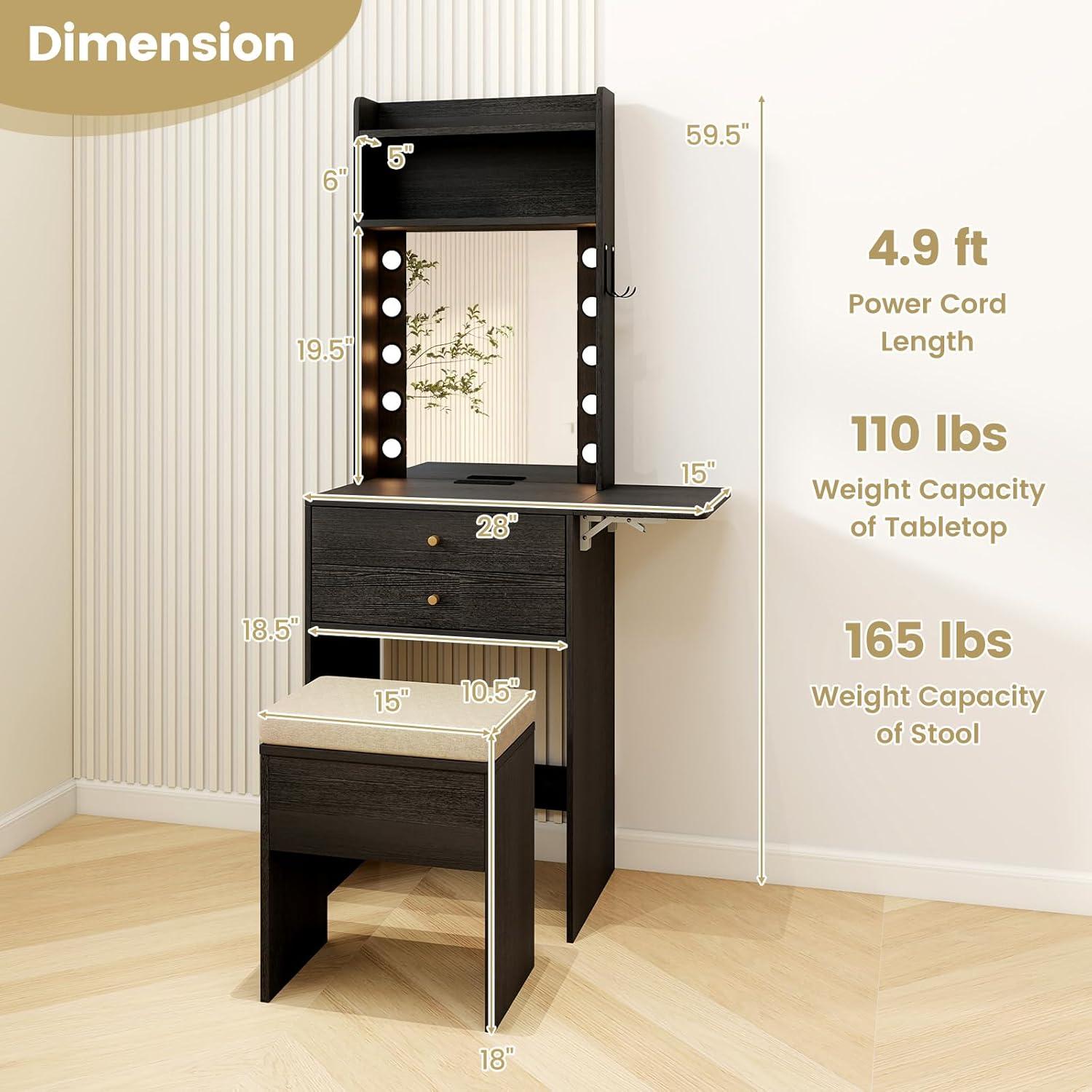 image:imageCHARMAID Vanity Table Set with Lighted Mirror 8 Bulbs Large Drawer Tabletop Storage Shelf Modern Bedroom Vanity Desk Makeup Dressing Table with Cushioned Stool for Girls Women BlackBlack