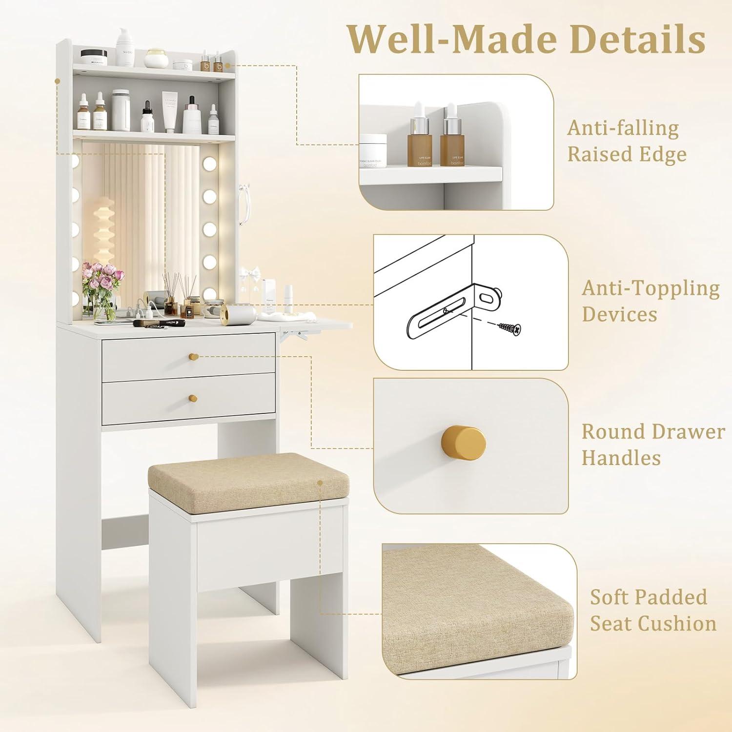 image:imageCHARMAID Vanity Table Set with Lighted Mirror 8 Bulbs Large Drawer Tabletop Storage Shelf Modern Bedroom Vanity Desk Makeup Dressing Table with Cushioned Stool for Girls Women BlackWhite