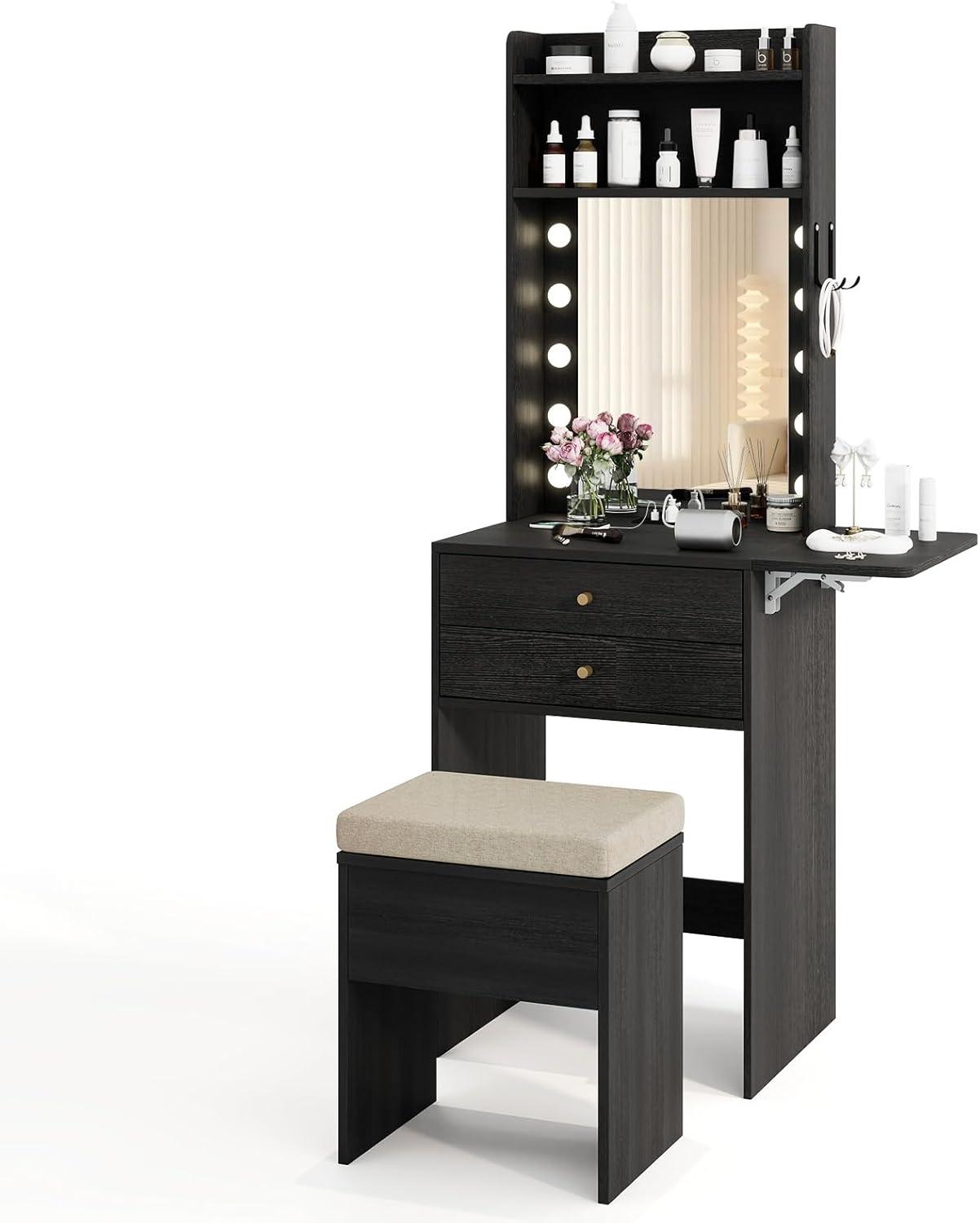 image:imageCHARMAID Vanity Table Set with Lighted Mirror 8 Bulbs Large Drawer Tabletop Storage Shelf Modern Bedroom Vanity Desk Makeup Dressing Table with Cushioned Stool for Girls Women BlackBlack