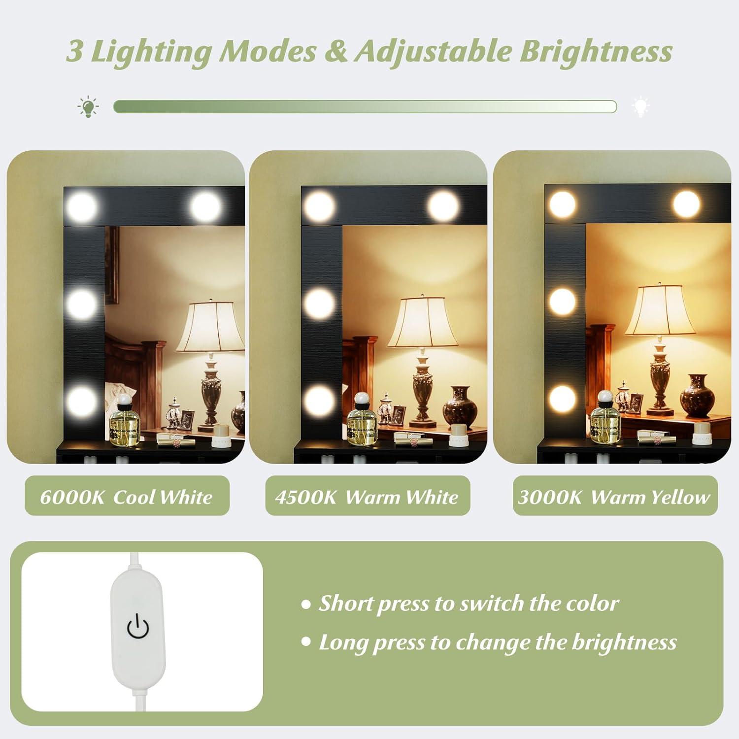 image:imageCHARMAID Vanity Table Set with Lighted Mirror 8 Bulbs Large Drawer Tabletop Storage Shelf Modern Bedroom Vanity Desk Makeup Dressing Table with Cushioned Stool for Girls Women BlackBlack