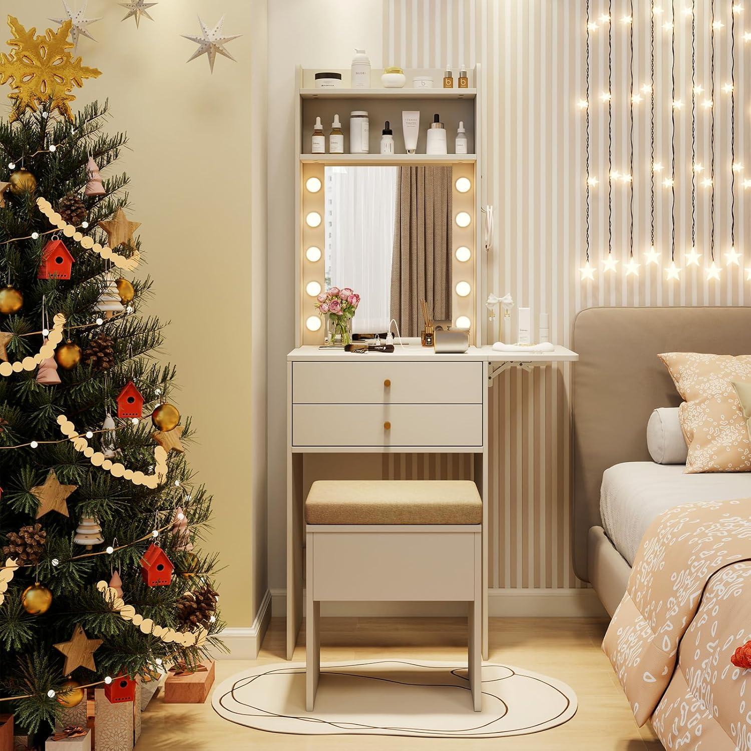image:imageCHARMAID Vanity Table Set with Lighted Mirror 8 Bulbs Large Drawer Tabletop Storage Shelf Modern Bedroom Vanity Desk Makeup Dressing Table with Cushioned Stool for Girls Women BlackWhite