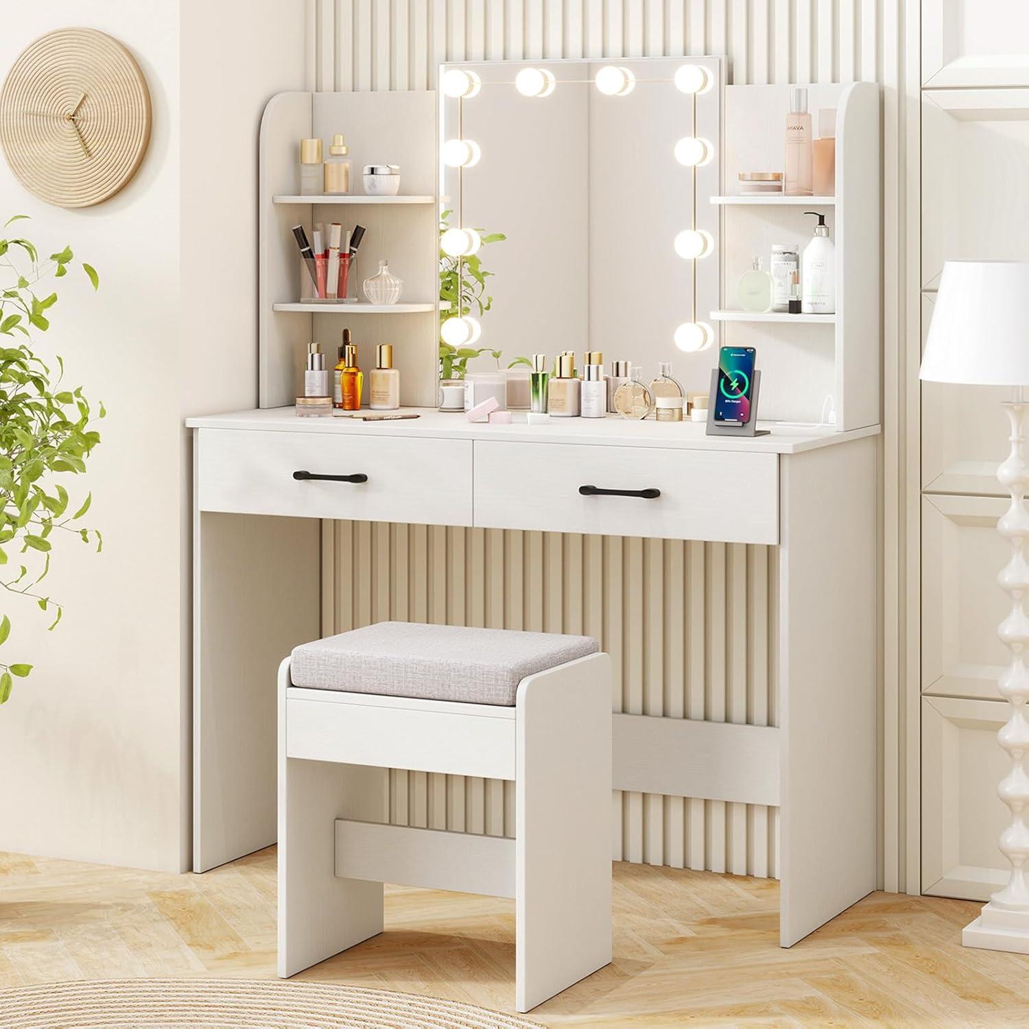 image:imageCHARMAID Vanity Table Set with Lighted Mirror 8 Bulbs Large Drawer Tabletop Storage Shelf Modern Bedroom Vanity Desk Makeup Dressing Table with Cushioned Stool for Girls Women BlackWhite