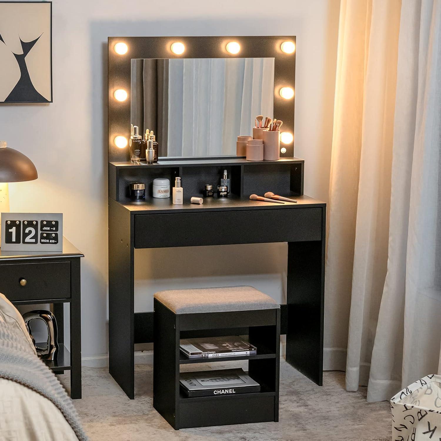 image:imageCHARMAID Vanity Table Set with Lighted Mirror 8 Bulbs Large Drawer Tabletop Storage Shelf Modern Bedroom Vanity Desk Makeup Dressing Table with Cushioned Stool for Girls Women BlackBlack