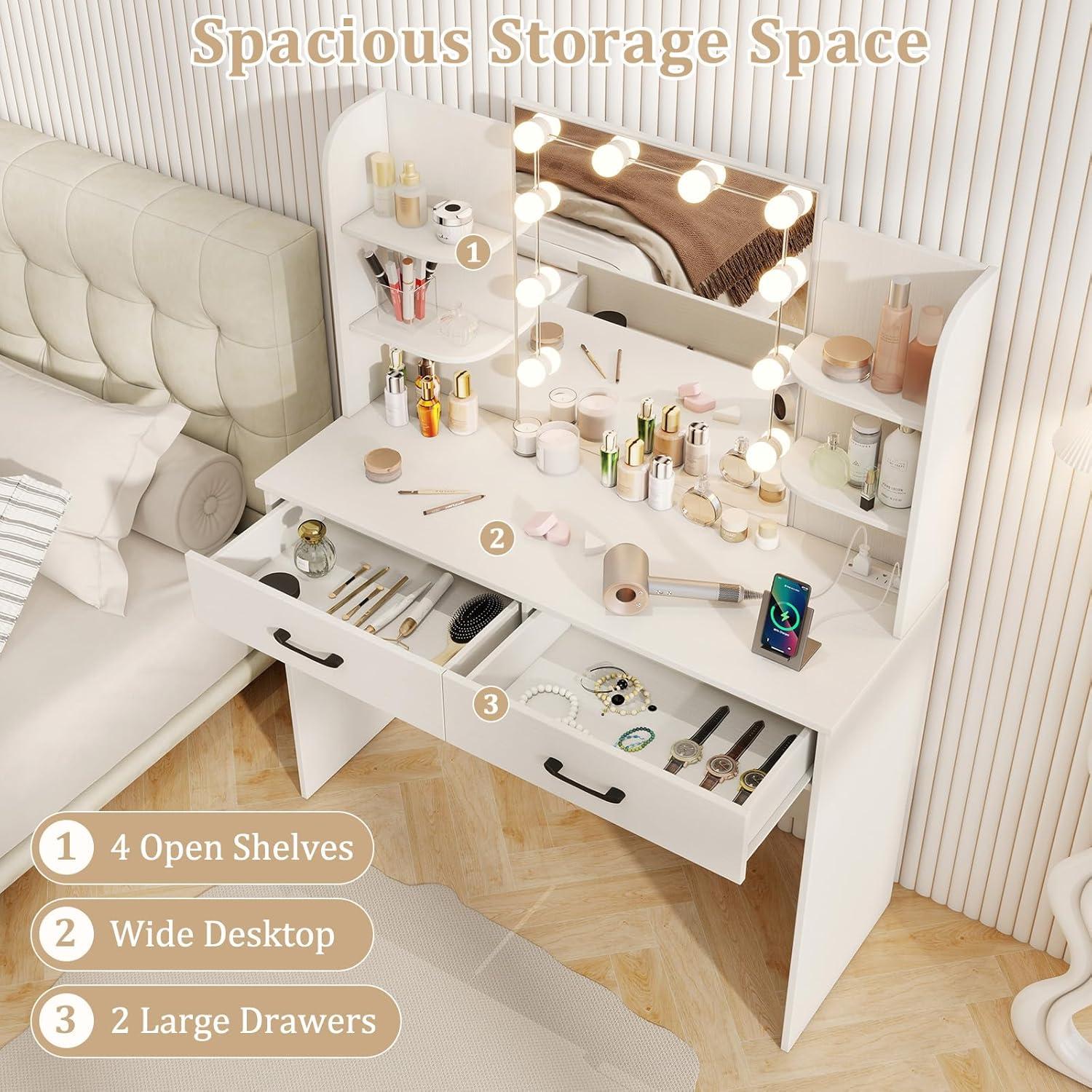 image:imageCHARMAID Vanity Table Set with Lighted Mirror 8 Bulbs Large Drawer Tabletop Storage Shelf Modern Bedroom Vanity Desk Makeup Dressing Table with Cushioned Stool for Girls Women BlackWhite