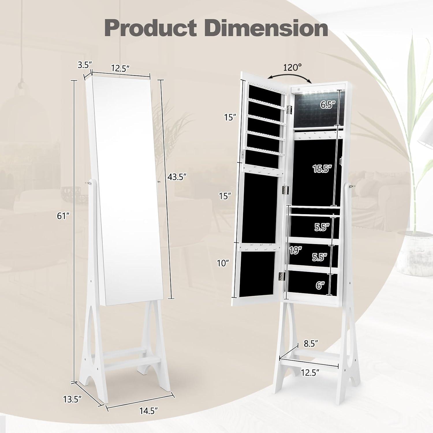 image:imageGiantex 12 LED Jewelry Armoire Cabinet with Frameless Fulllength Mirror Standing Jewelry Cabinet with 16 Lipstick Holders Large Storage Capacity 3 Angles Adjustable BlackWhite