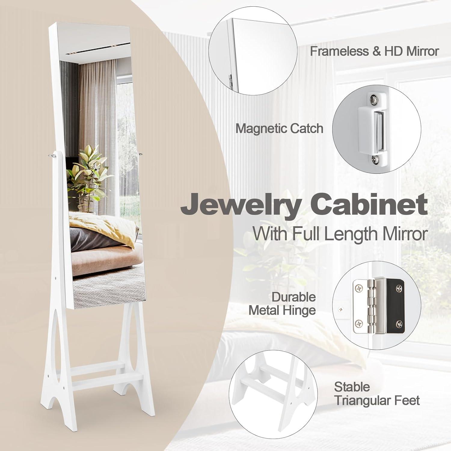 image:imageGiantex 12 LED Jewelry Armoire Cabinet with Frameless Fulllength Mirror Standing Jewelry Cabinet with 16 Lipstick Holders Large Storage Capacity 3 Angles Adjustable BlackWhite