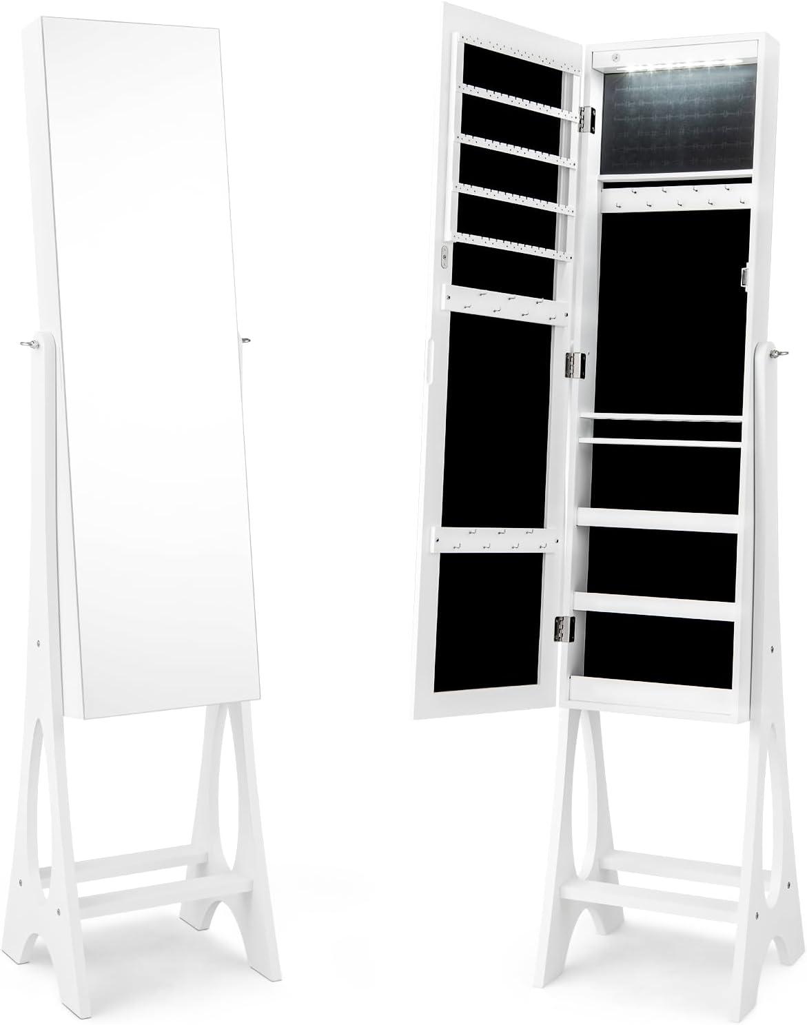image:imageGiantex 12 LED Jewelry Armoire Cabinet with Frameless Fulllength Mirror Standing Jewelry Cabinet with 16 Lipstick Holders Large Storage Capacity 3 Angles Adjustable BlackWhite