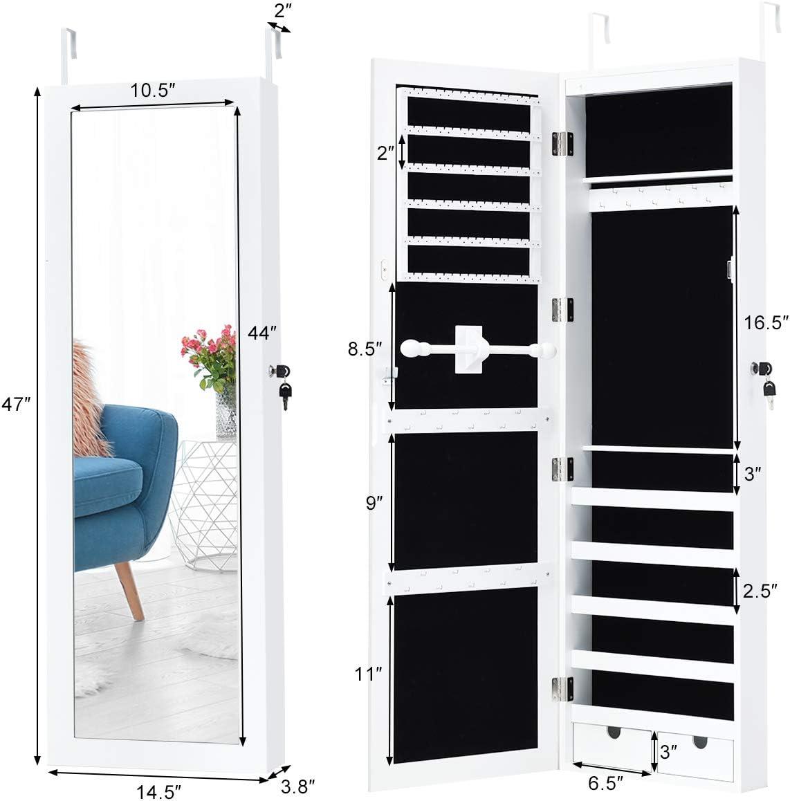 image:imageGiantex 15 LEDs Jewelry Armoire Wall Mounted or Door Hanging Lockable Jewelry Cabinet with Full Length Mirror Large Storage Jewelry Organizer Box Armoire for Girls Women 145W x 35D x 475H145W x 4D x 475H