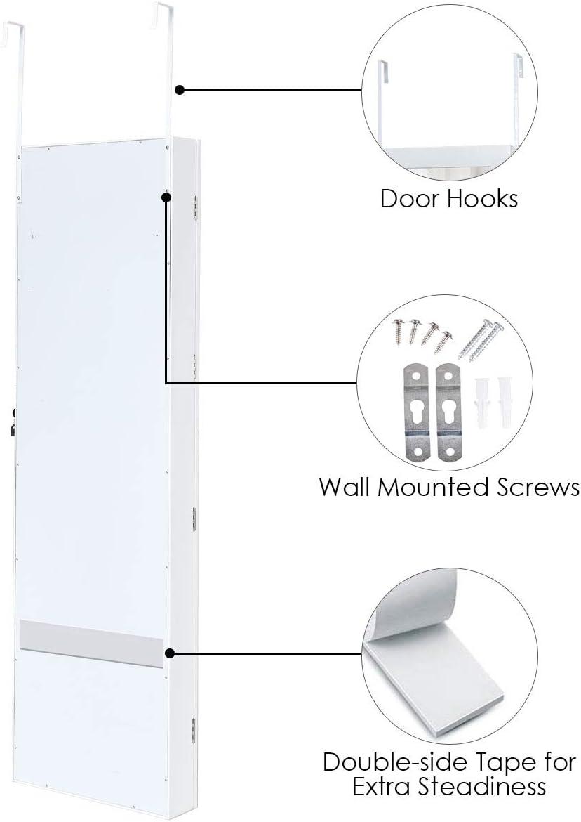 image:imageGiantex 15 LEDs Jewelry Armoire Wall Mounted or Door Hanging Lockable Jewelry Cabinet with Full Length Mirror Large Storage Jewelry Organizer Box Armoire for Girls Women 145W x 35D x 475H145W x 35D x 475H