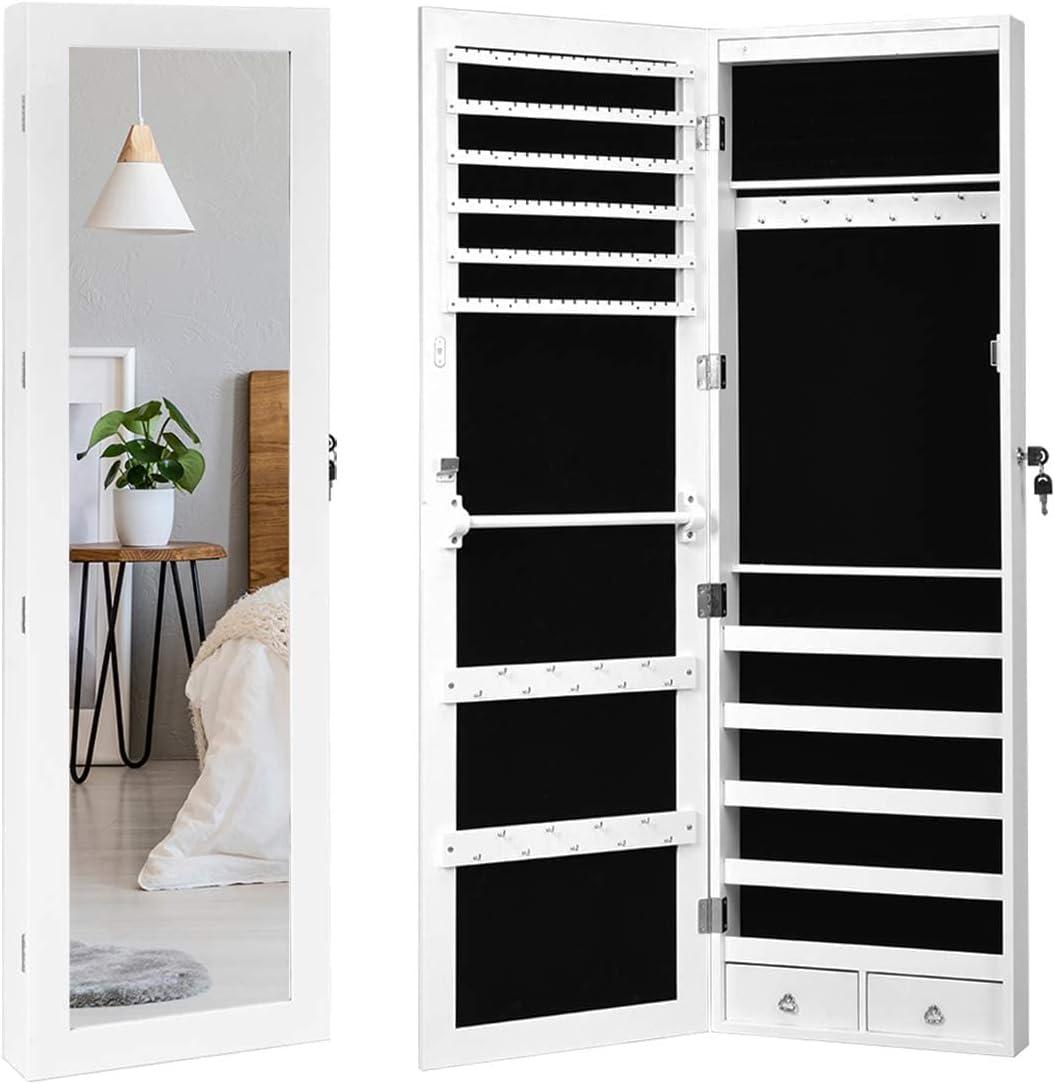 image:imageGiantex 15 LEDs Jewelry Armoire Wall Mounted or Door Hanging Lockable Jewelry Cabinet with Full Length Mirror Large Storage Jewelry Organizer Box Armoire for Girls Women 145W x 35D x 475H145W x 35D x 475H