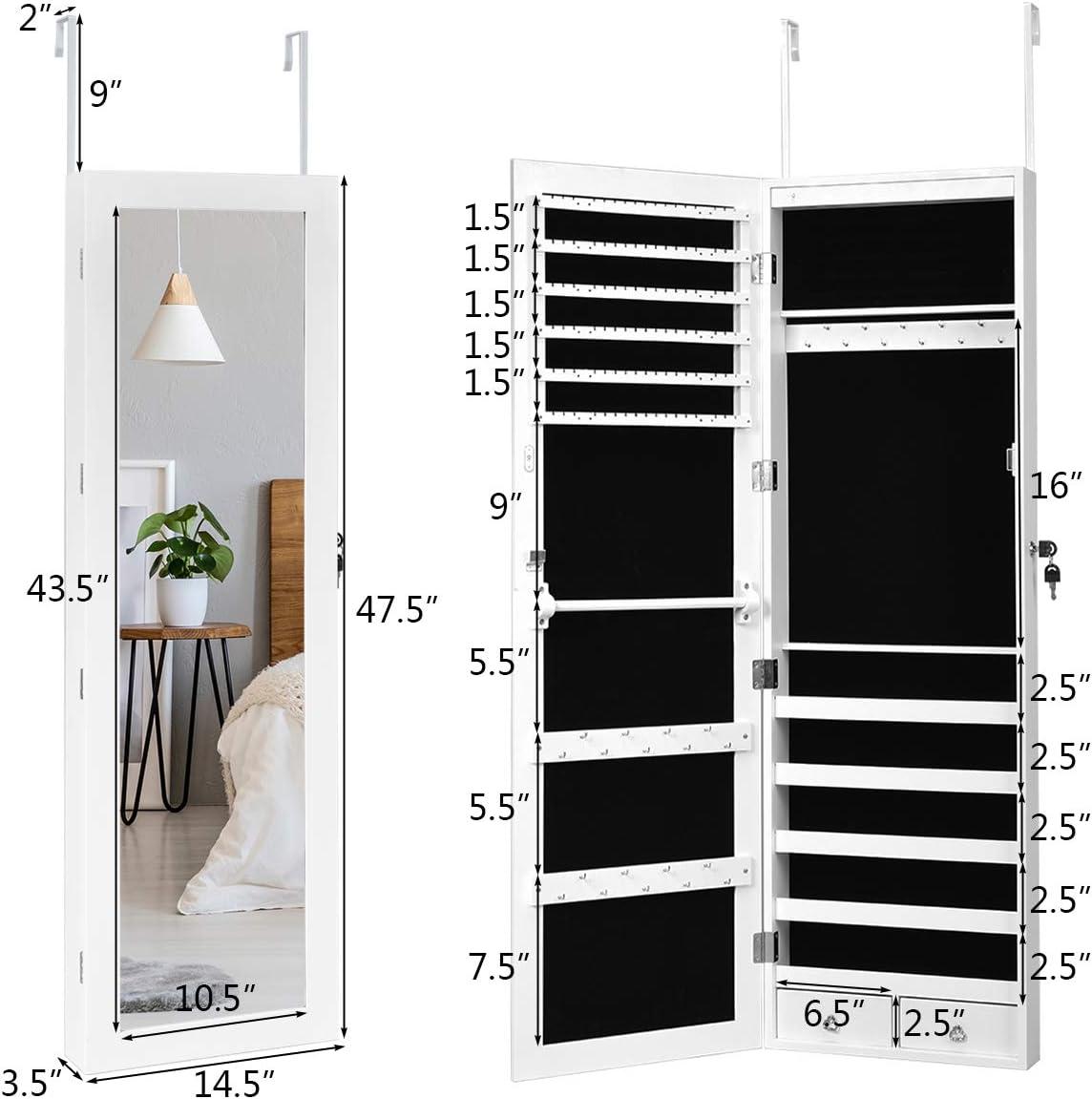 image:imageGiantex 15 LEDs Jewelry Armoire Wall Mounted or Door Hanging Lockable Jewelry Cabinet with Full Length Mirror Large Storage Jewelry Organizer Box Armoire for Girls Women 145W x 35D x 475H145W x 35D x 475H