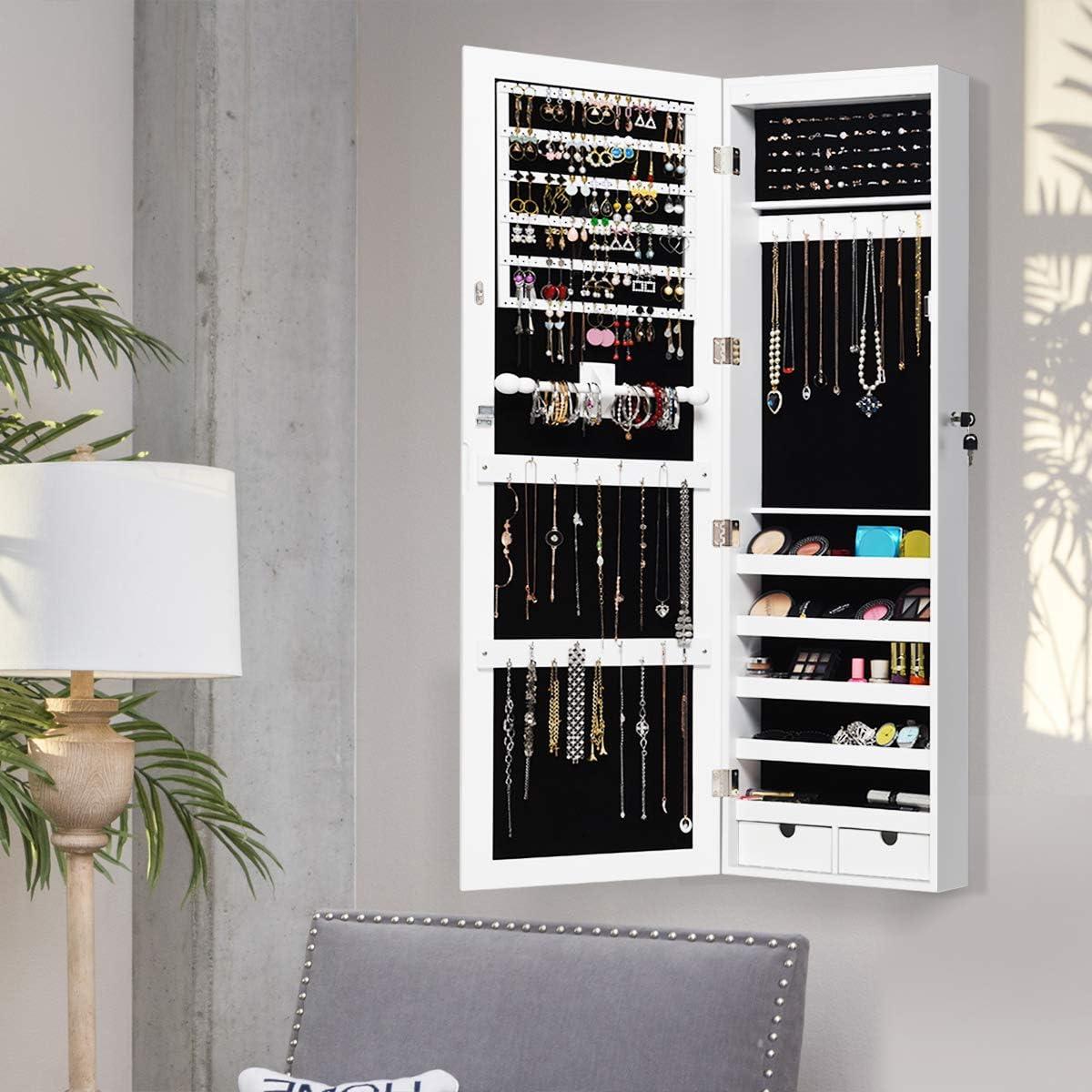image:imageGiantex 15 LEDs Jewelry Armoire Wall Mounted or Door Hanging Lockable Jewelry Cabinet with Full Length Mirror Large Storage Jewelry Organizer Box Armoire for Girls Women 145W x 35D x 475H145W x 4D x 475H