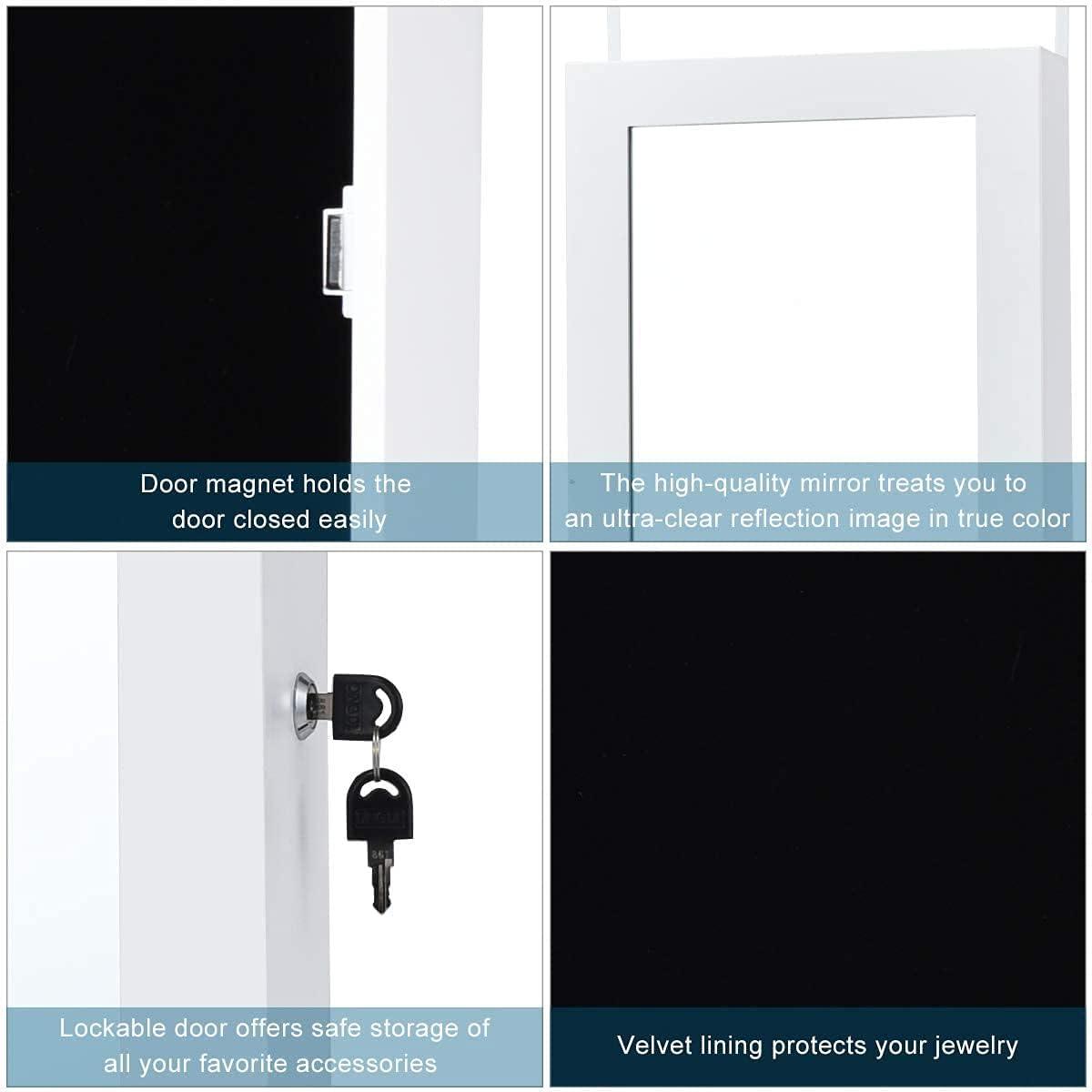image:imageGiantex 15 LEDs Jewelry Armoire Wall Mounted or Door Hanging Lockable Jewelry Cabinet with Full Length Mirror Large Storage Jewelry Organizer Box Armoire for Girls Women 145W x 35D x 475H145W x 4D x 475H