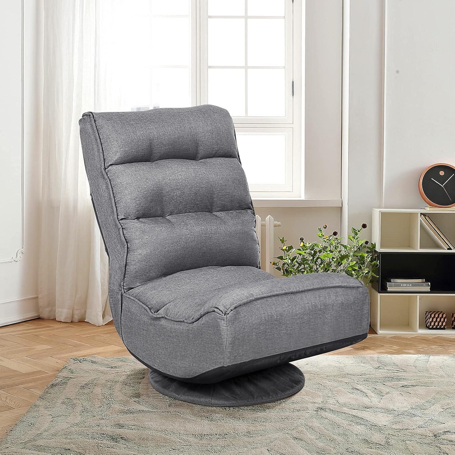 image:imageGiantex 360 Degree Swivel Gaming Chair 6 Position Adjustable Folding Floor Chair 300lb Spring Support Comfortable Padded Backrest Lazy Sofa Chair Game Rocker for Teens Adults CoffeeGrey