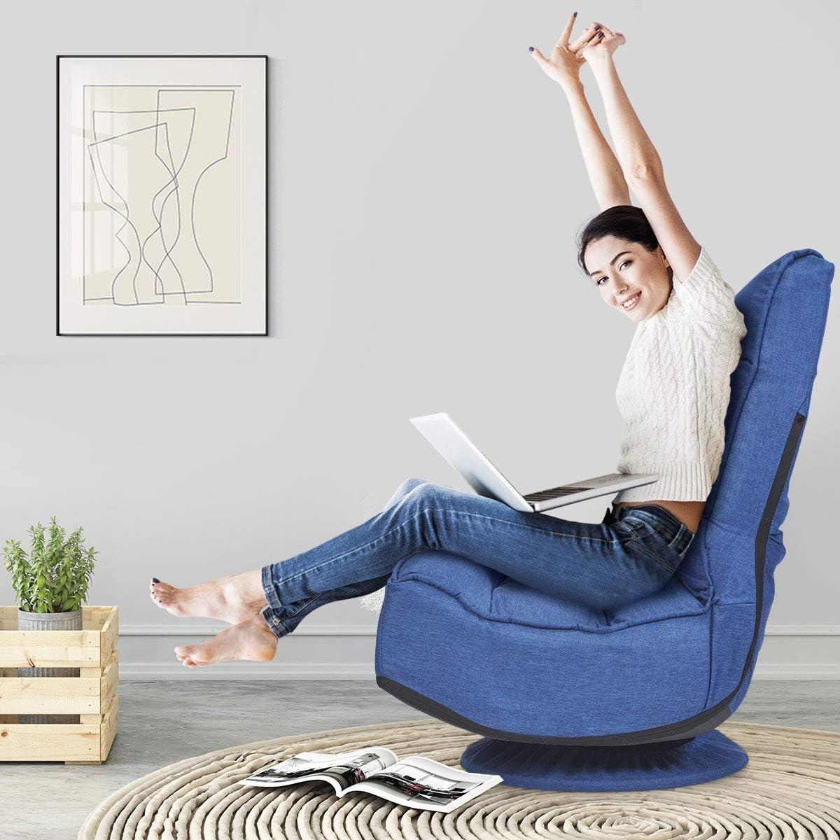 image:imageGiantex 360 Degree Swivel Gaming Chair 6 Position Adjustable Folding Floor Chair 300lb Spring Support Comfortable Padded Backrest Lazy Sofa Chair Game Rocker for Teens Adults CoffeeNavy Blue