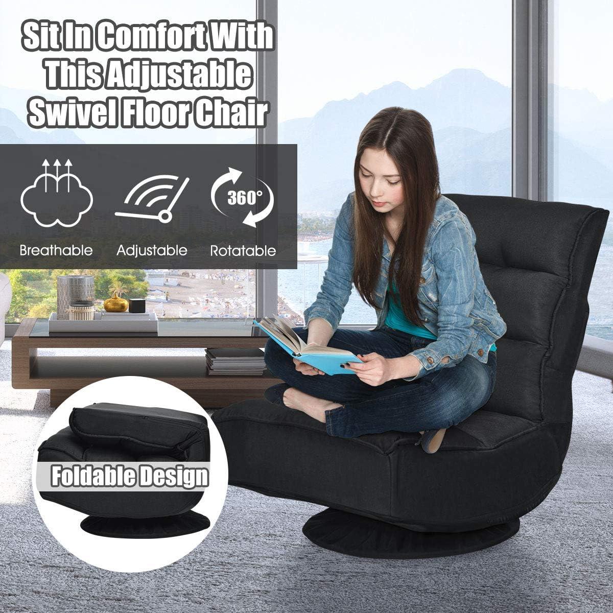 image:imageGiantex 360 Degree Swivel Gaming Chair 6 Position Adjustable Folding Floor Chair 300lb Spring Support Comfortable Padded Backrest Lazy Sofa Chair Game Rocker for Teens Adults CoffeeBlack