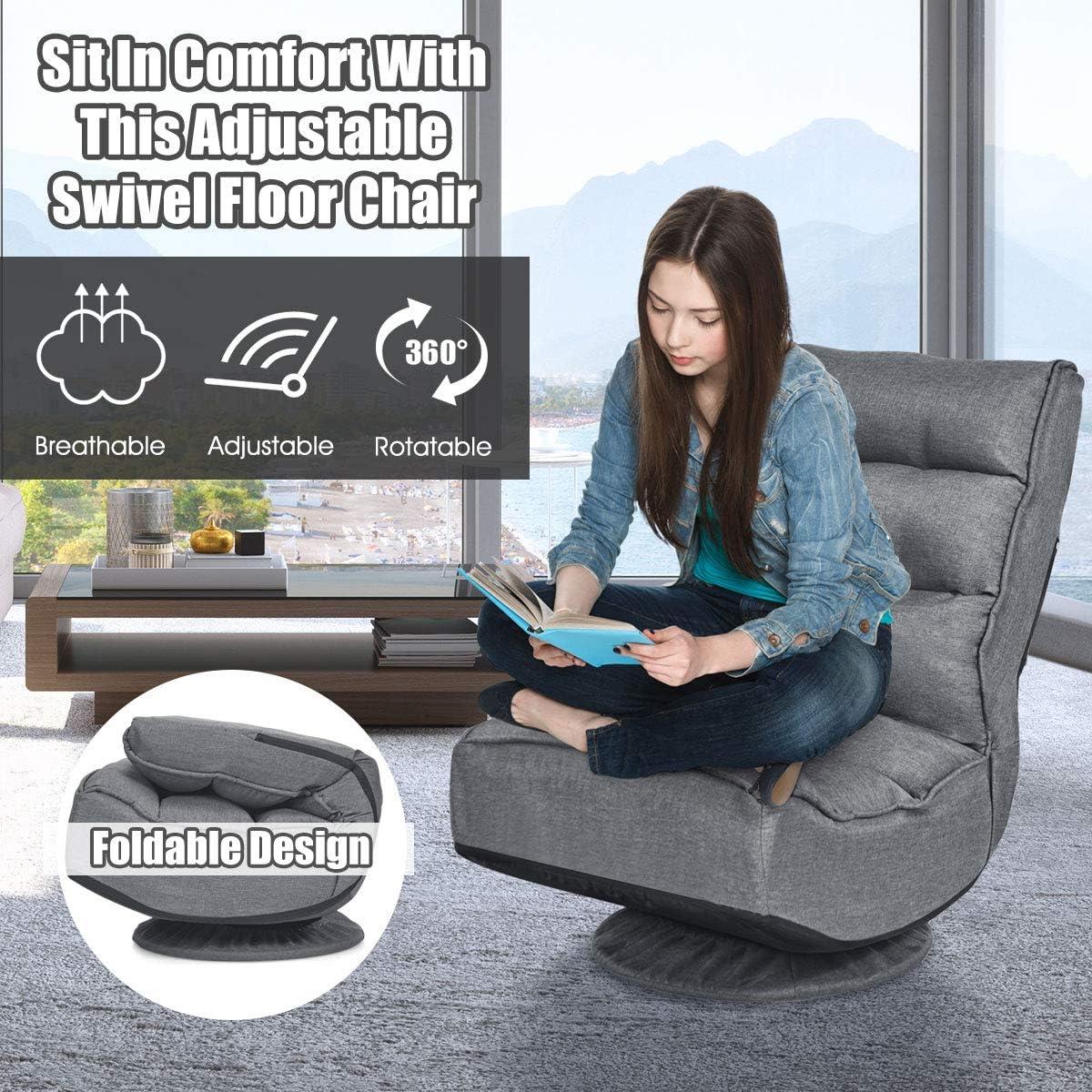image:imageGiantex 360 Degree Swivel Gaming Chair 6 Position Adjustable Folding Floor Chair 300lb Spring Support Comfortable Padded Backrest Lazy Sofa Chair Game Rocker for Teens Adults CoffeeGrey