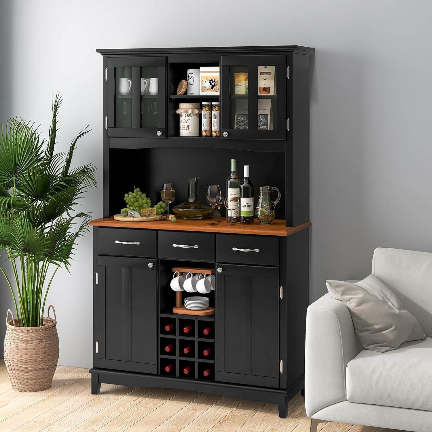 image:imageGiantex Buffet Hutch Cabinet Kitchen Hutch Sideboard Buffet Cabinet on Storage Island Wood Kitchenware Server with 3 Large Drawers and 9 Wine Bottle Modules WhiteBlack
