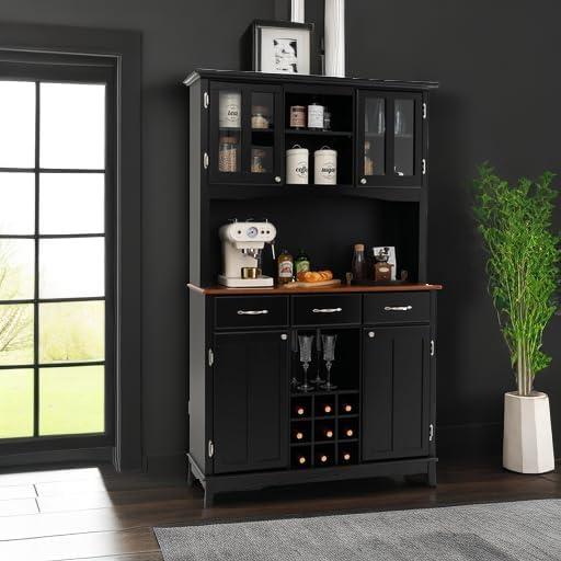image:imageGiantex Buffet Hutch Cabinet Kitchen Hutch Sideboard Buffet Cabinet on Storage Island Wood Kitchenware Server with 3 Large Drawers and 9 Wine Bottle Modules WhiteBlack