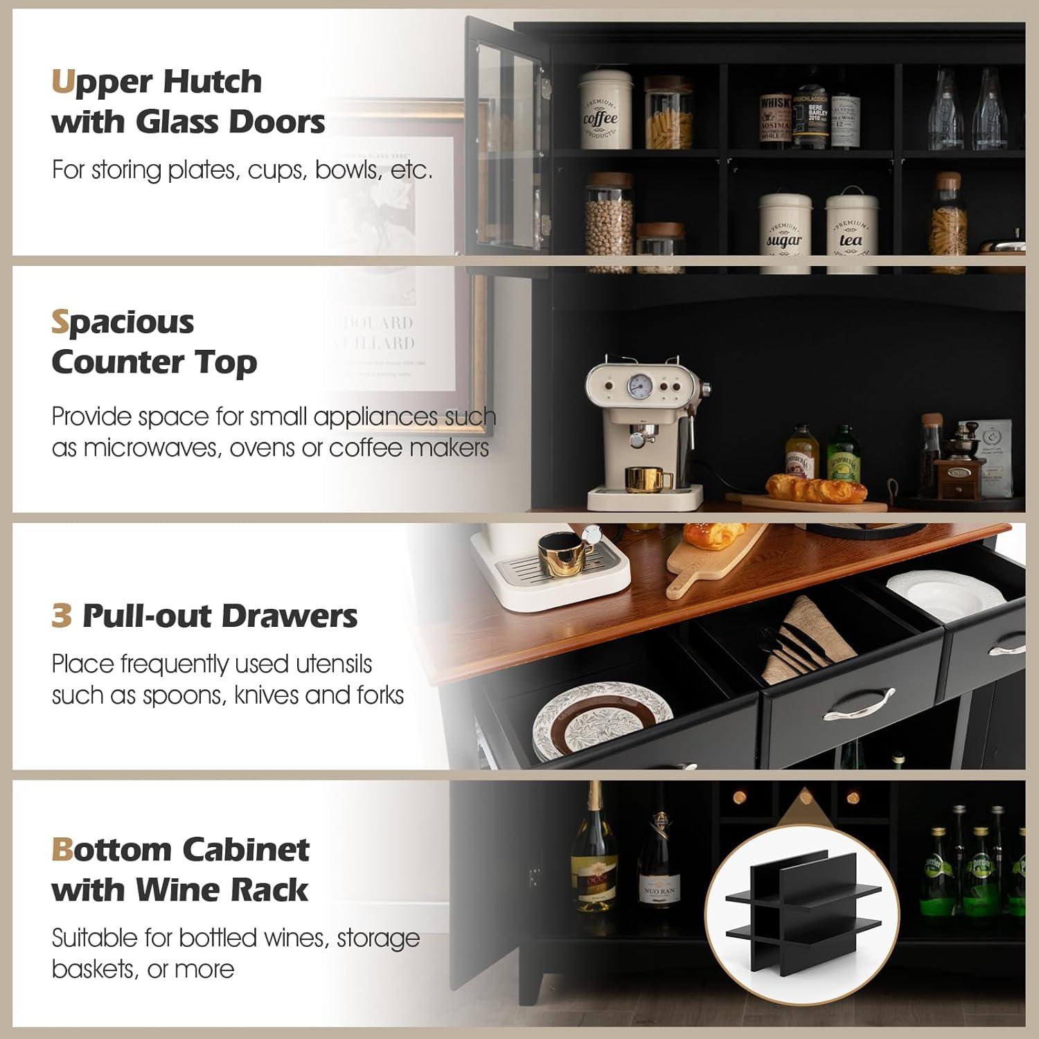 image:imageGiantex Buffet Hutch Cabinet Kitchen Hutch Sideboard Buffet Cabinet on Storage Island Wood Kitchenware Server with 3 Large Drawers and 9 Wine Bottle Modules WhiteBlack