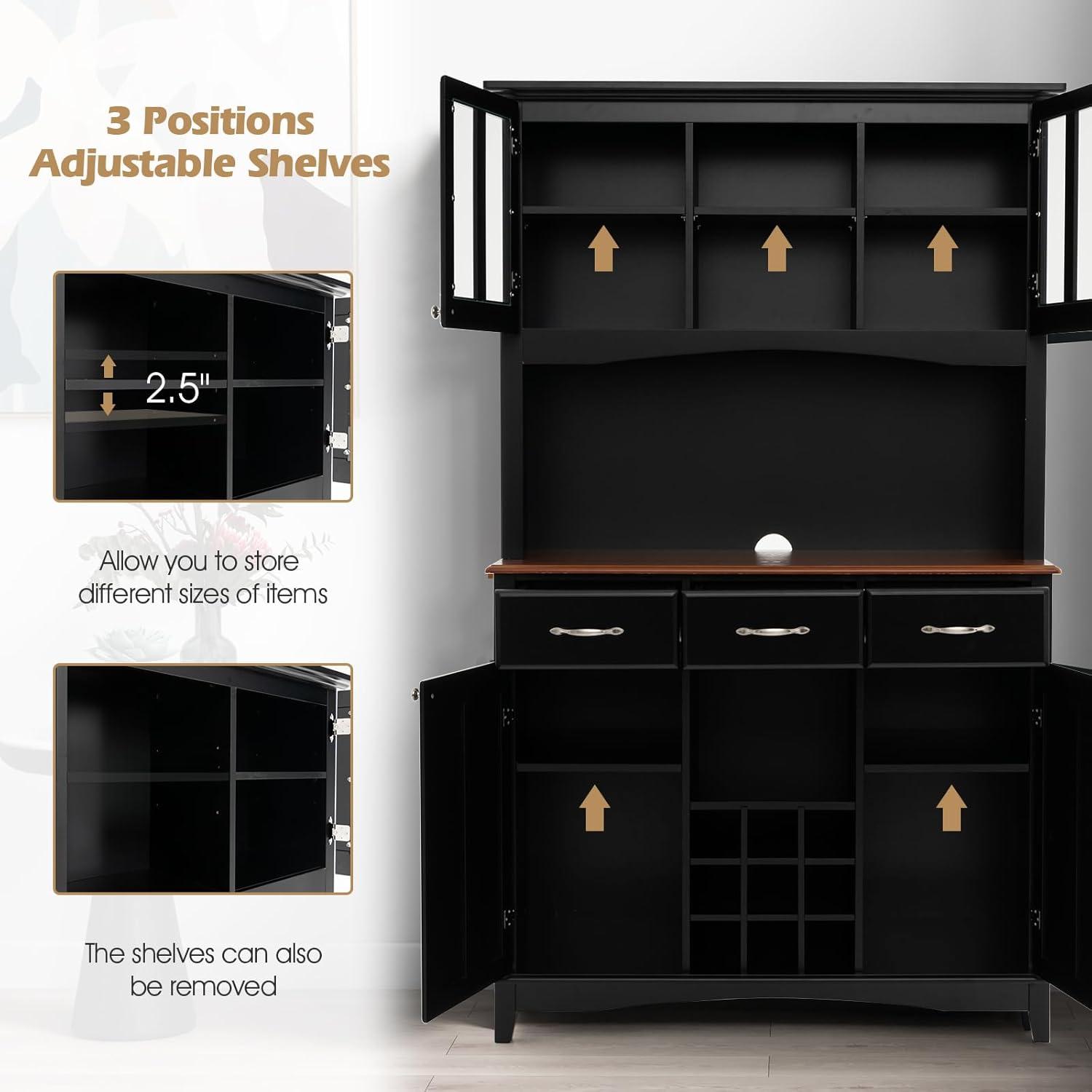 image:imageGiantex Buffet Hutch Cabinet Kitchen Hutch Sideboard Buffet Cabinet on Storage Island Wood Kitchenware Server with 3 Large Drawers and 9 Wine Bottle Modules WhiteBlack