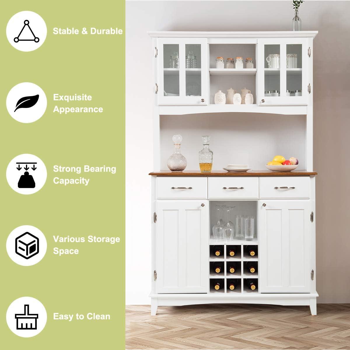 image:imageGiantex Buffet Hutch Cabinet Kitchen Hutch Sideboard Buffet Cabinet on Storage Island Wood Kitchenware Server with 3 Large Drawers and 9 Wine Bottle Modules WhiteWhite
