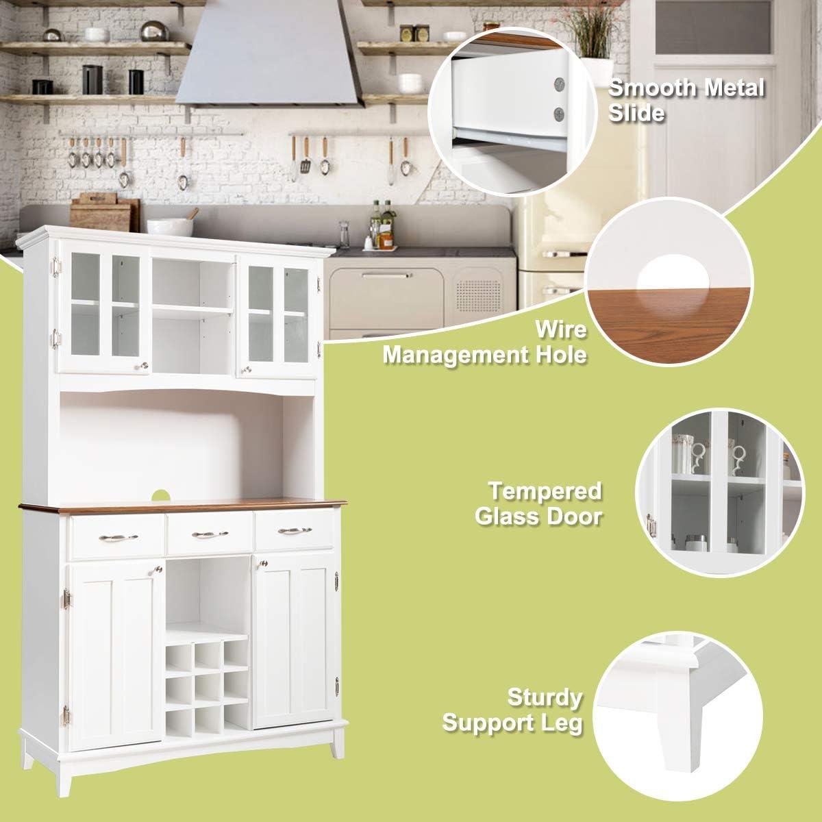 image:imageGiantex Buffet Hutch Cabinet Kitchen Hutch Sideboard Buffet Cabinet on Storage Island Wood Kitchenware Server with 3 Large Drawers and 9 Wine Bottle Modules WhiteWhite