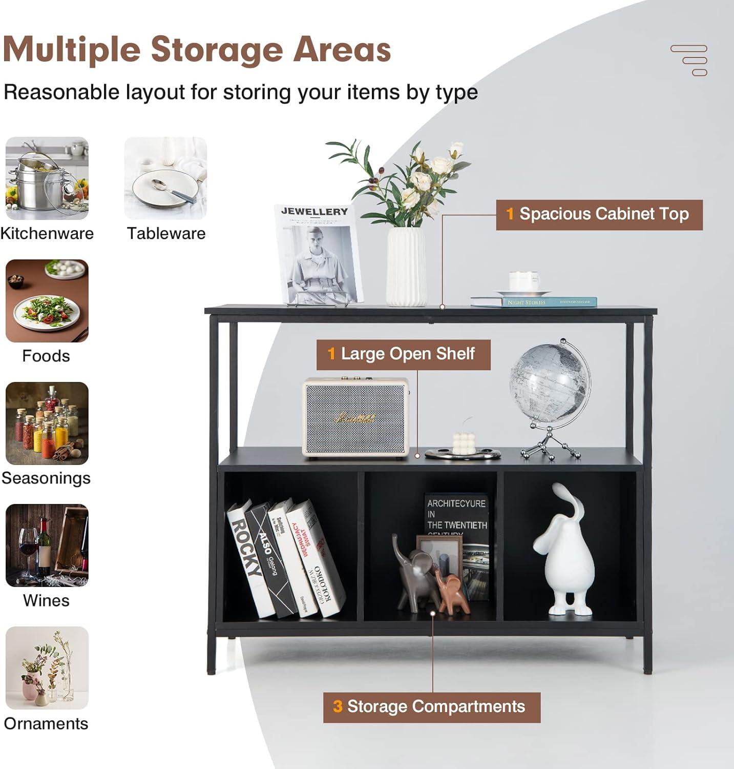 image:imageGiantex Buffet Sideboard Wooden Cupboard Kitchen Pantry wSpacious Countertop Large Open Shelf 3 Cube Storage Cabinet Sturdy Rustproof Steel Frame Modern Stationary Island Brown amp BlackBlack