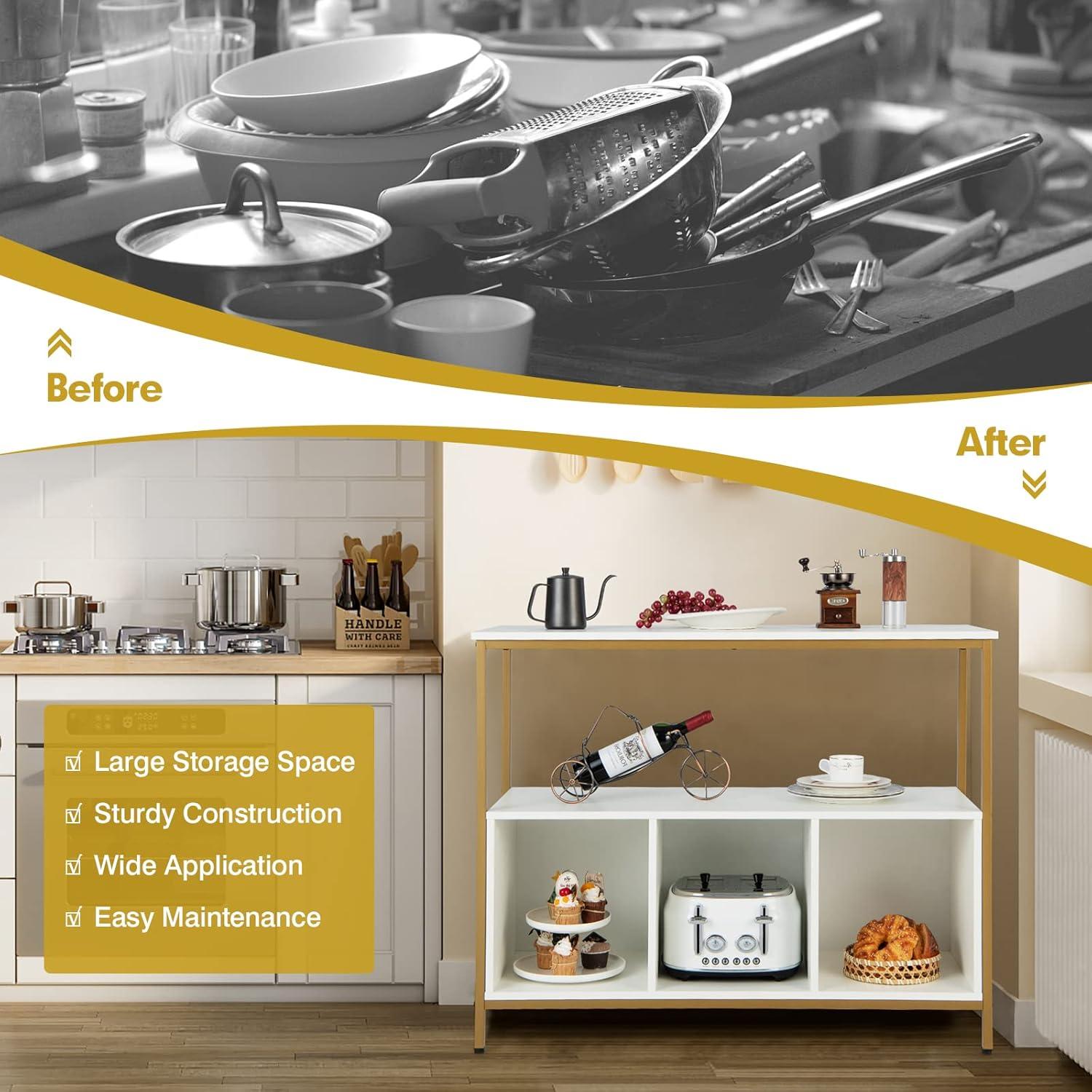 image:imageGiantex Buffet Sideboard Wooden Cupboard Kitchen Pantry wSpacious Countertop Large Open Shelf 3 Cube Storage Cabinet Sturdy Rustproof Steel Frame Modern Stationary Island Brown amp BlackWhite Golden