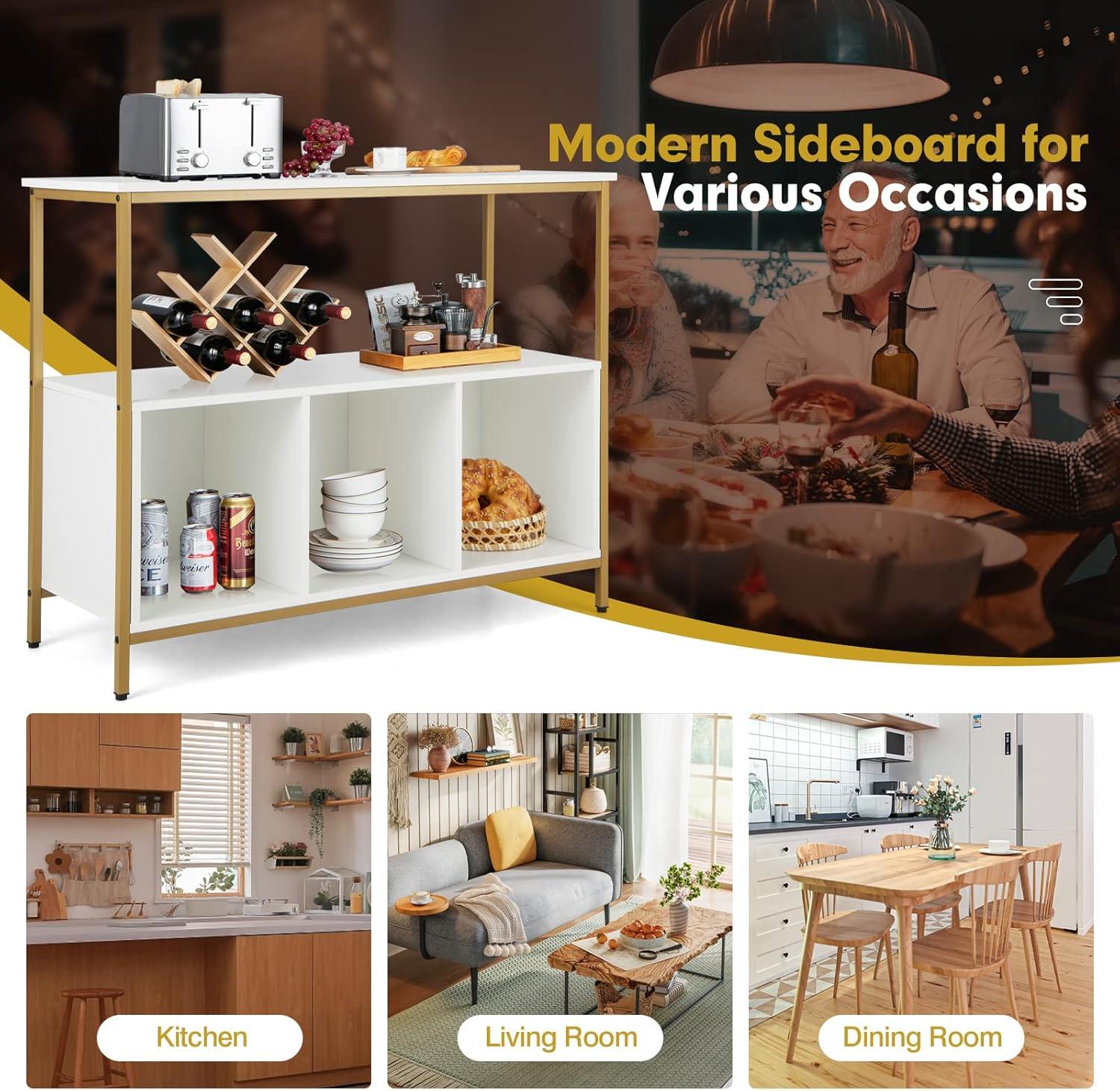 image:imageGiantex Buffet Sideboard Wooden Cupboard Kitchen Pantry wSpacious Countertop Large Open Shelf 3 Cube Storage Cabinet Sturdy Rustproof Steel Frame Modern Stationary Island Brown amp BlackWhite Golden