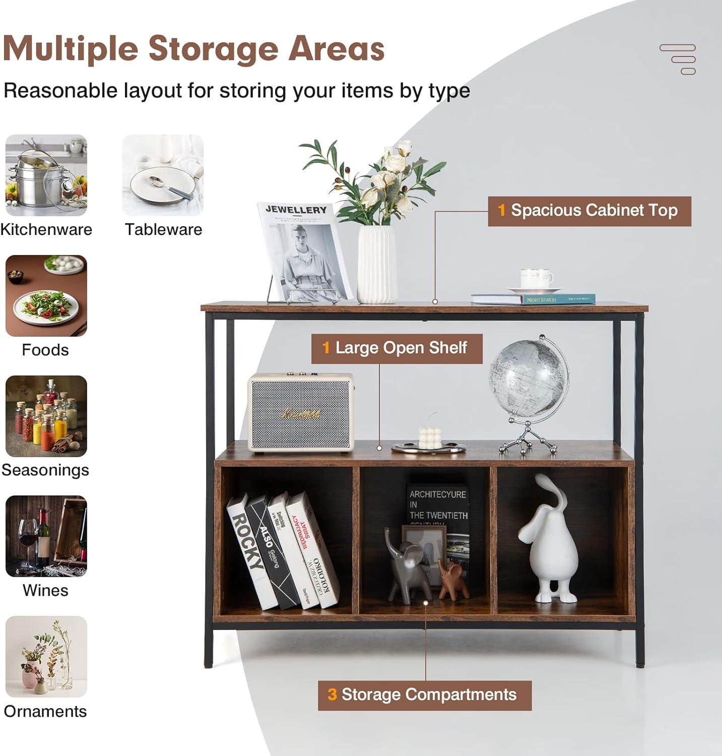 image:imageGiantex Buffet Sideboard Wooden Cupboard Kitchen Pantry wSpacious Countertop Large Open Shelf 3 Cube Storage Cabinet Sturdy Rustproof Steel Frame Modern Stationary Island Brown amp BlackBrownblack