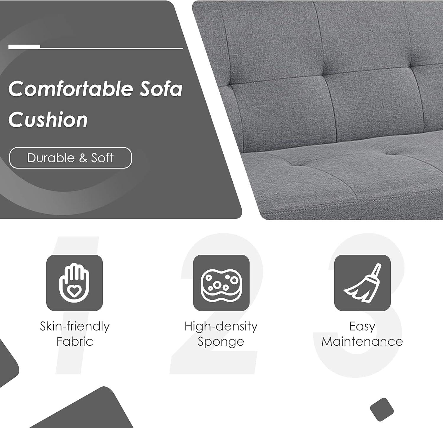 image:imageGiantex Convertible Futon Sofa Modern 3 Seat Sofa Bed with USB and Power Strip Folding Loveseat Linen Fabric Lounge Couch for Apartment Dorm Easy Assembly GreyGrey