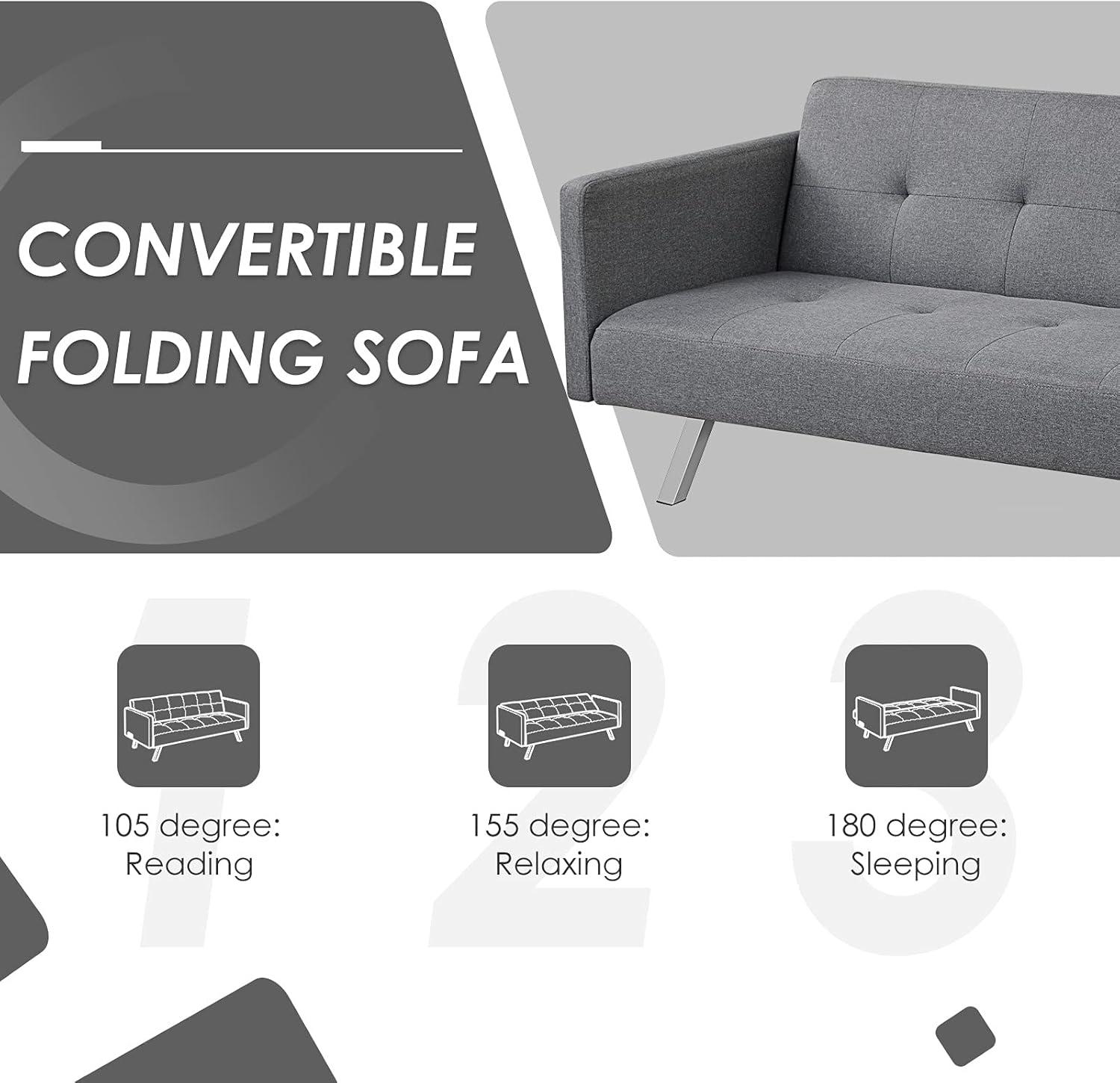 image:imageGiantex Convertible Futon Sofa Modern 3 Seat Sofa Bed with USB and Power Strip Folding Loveseat Linen Fabric Lounge Couch for Apartment Dorm Easy Assembly GreyGrey