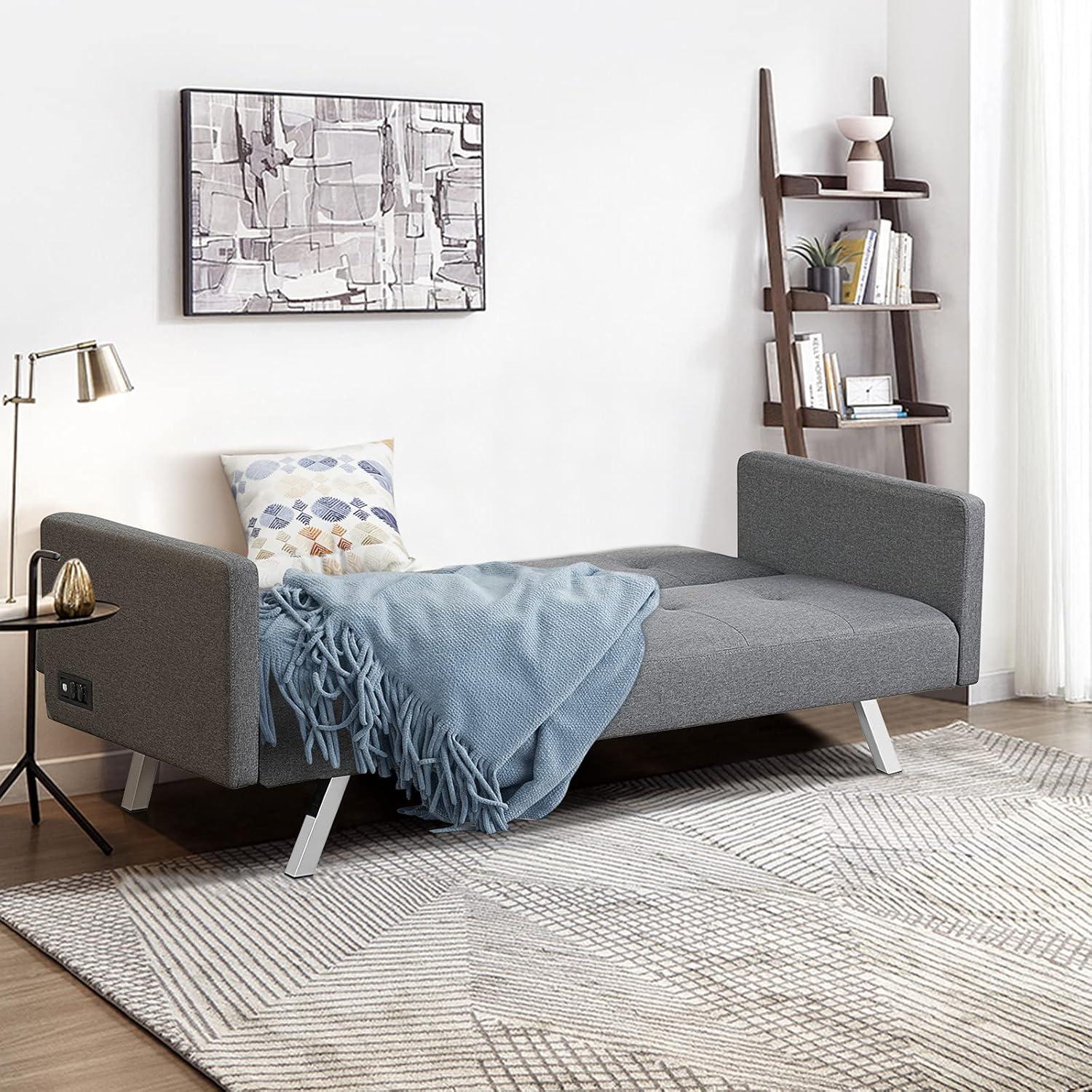 image:imageGiantex Convertible Futon Sofa Modern 3 Seat Sofa Bed with USB and Power Strip Folding Loveseat Linen Fabric Lounge Couch for Apartment Dorm Easy Assembly GreyGrey