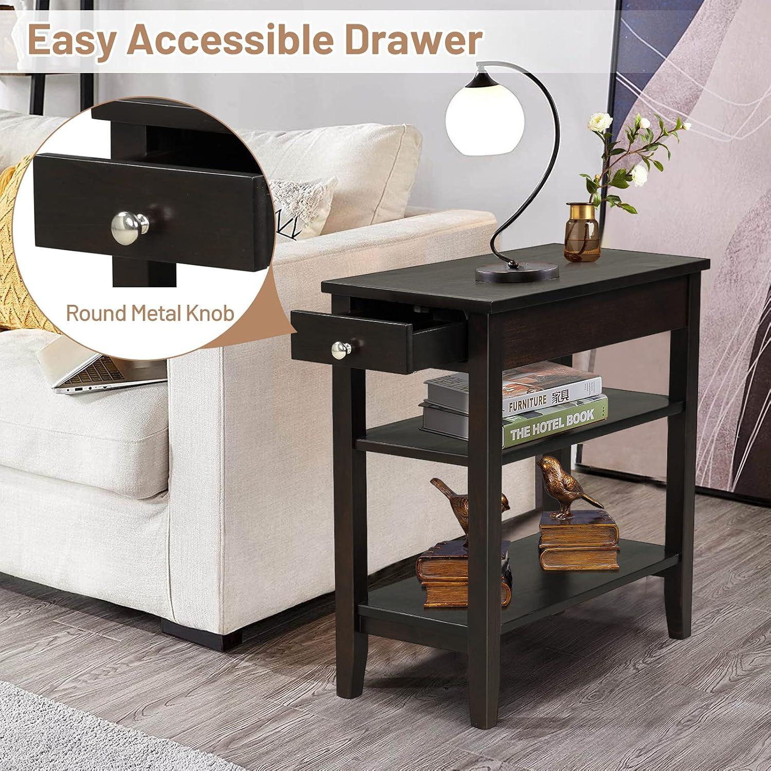 image:imageGiantex End Table with Drawer Narrow Side Table with 2Tier Open Storage Shelves Slim Side End Table Compact Nightstand Bedside Table for Living Room Bedroom Small Space BlackEspresso