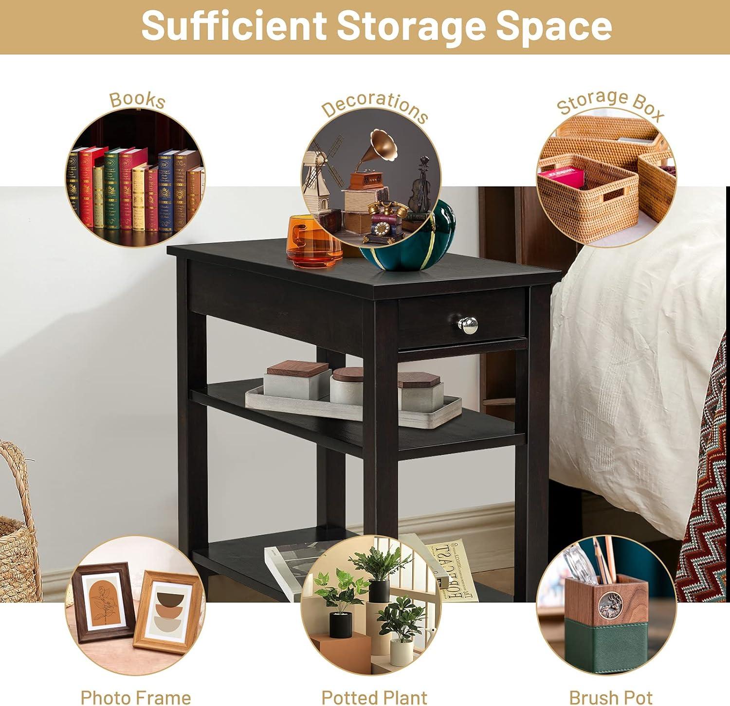 image:imageGiantex End Table with Drawer Narrow Side Table with 2Tier Open Storage Shelves Slim Side End Table Compact Nightstand Bedside Table for Living Room Bedroom Small Space BlackEspresso