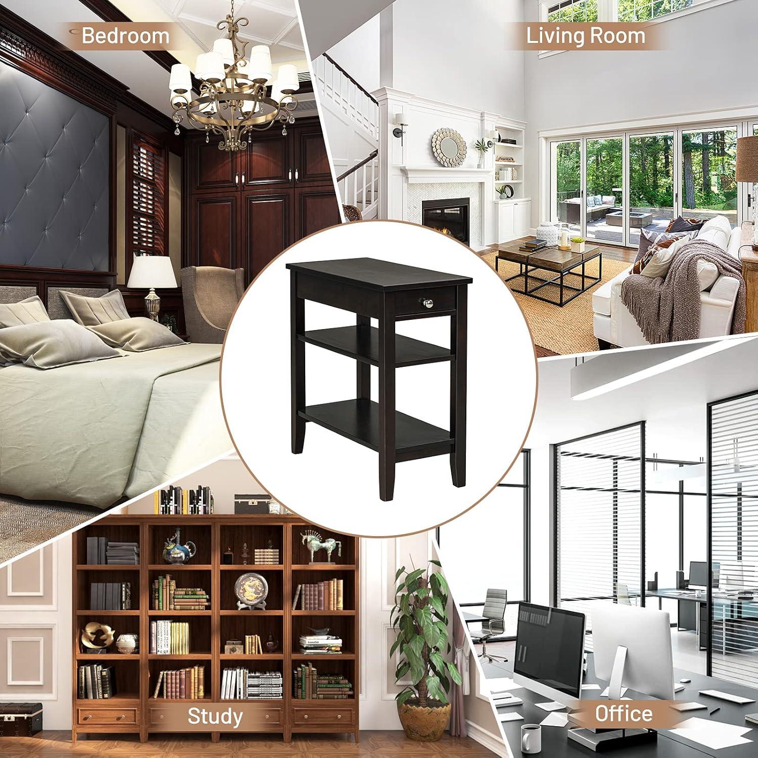 image:imageGiantex End Table with Drawer Narrow Side Table with 2Tier Open Storage Shelves Slim Side End Table Compact Nightstand Bedside Table for Living Room Bedroom Small Space BlackEspresso