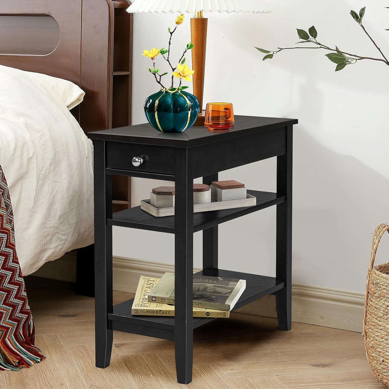 image:imageGiantex End Table with Drawer Narrow Side Table with 2Tier Open Storage Shelves Slim Side End Table Compact Nightstand Bedside Table for Living Room Bedroom Small Space BlackBlack
