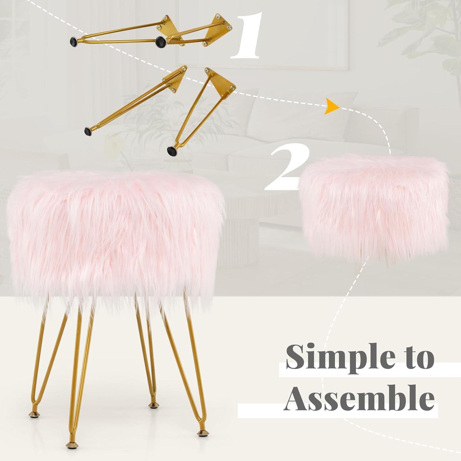 image:imageGiantex Faux Fur Vanity Stool Chair Pink Round Furry Makeup Stool with Adjustable Footings Fluffy Padded Seat 4 Metal Legs Small Ottoman Foot Rest for Living Room Bedroom Makeup Room EntrywayPink