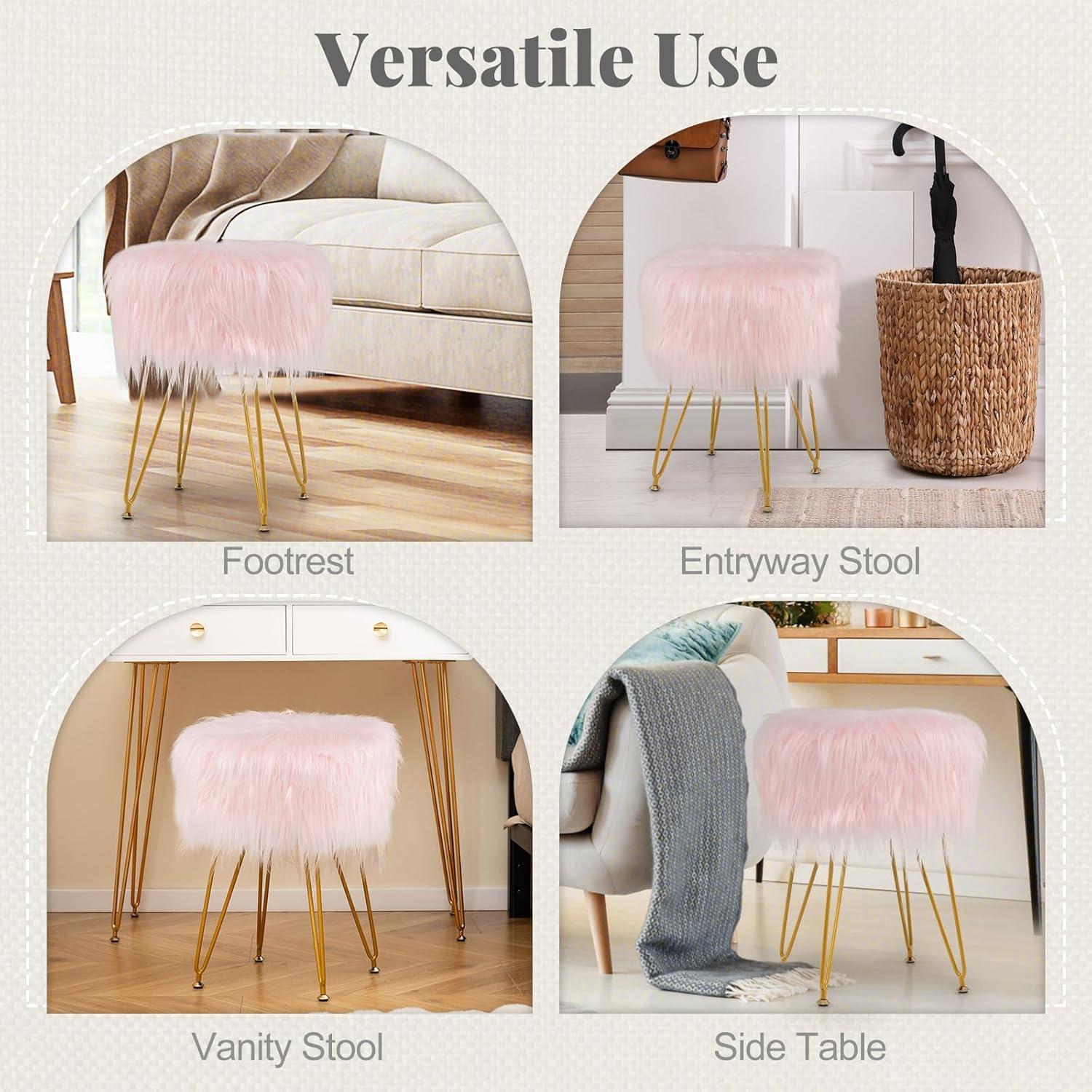 image:imageGiantex Faux Fur Vanity Stool Chair Pink Round Furry Makeup Stool with Adjustable Footings Fluffy Padded Seat 4 Metal Legs Small Ottoman Foot Rest for Living Room Bedroom Makeup Room EntrywayPink